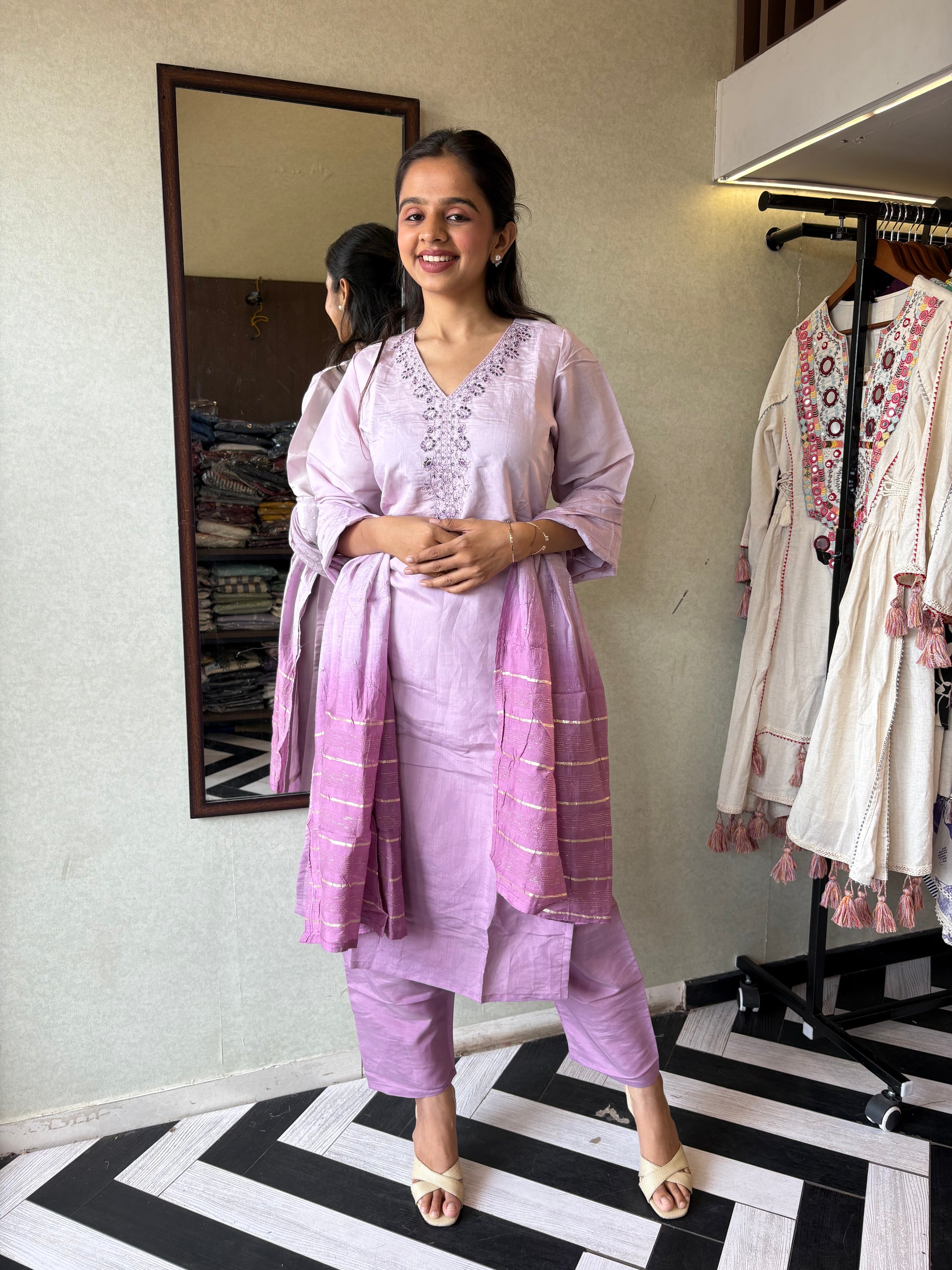 Elegance in Every Thread - Premium Silk Kurti Set Just for You!
Crafted from pure silk, this 3-piece kurti set comes with gorgeous center hand embroidery - perfect for special occasions or elegant daily wear.