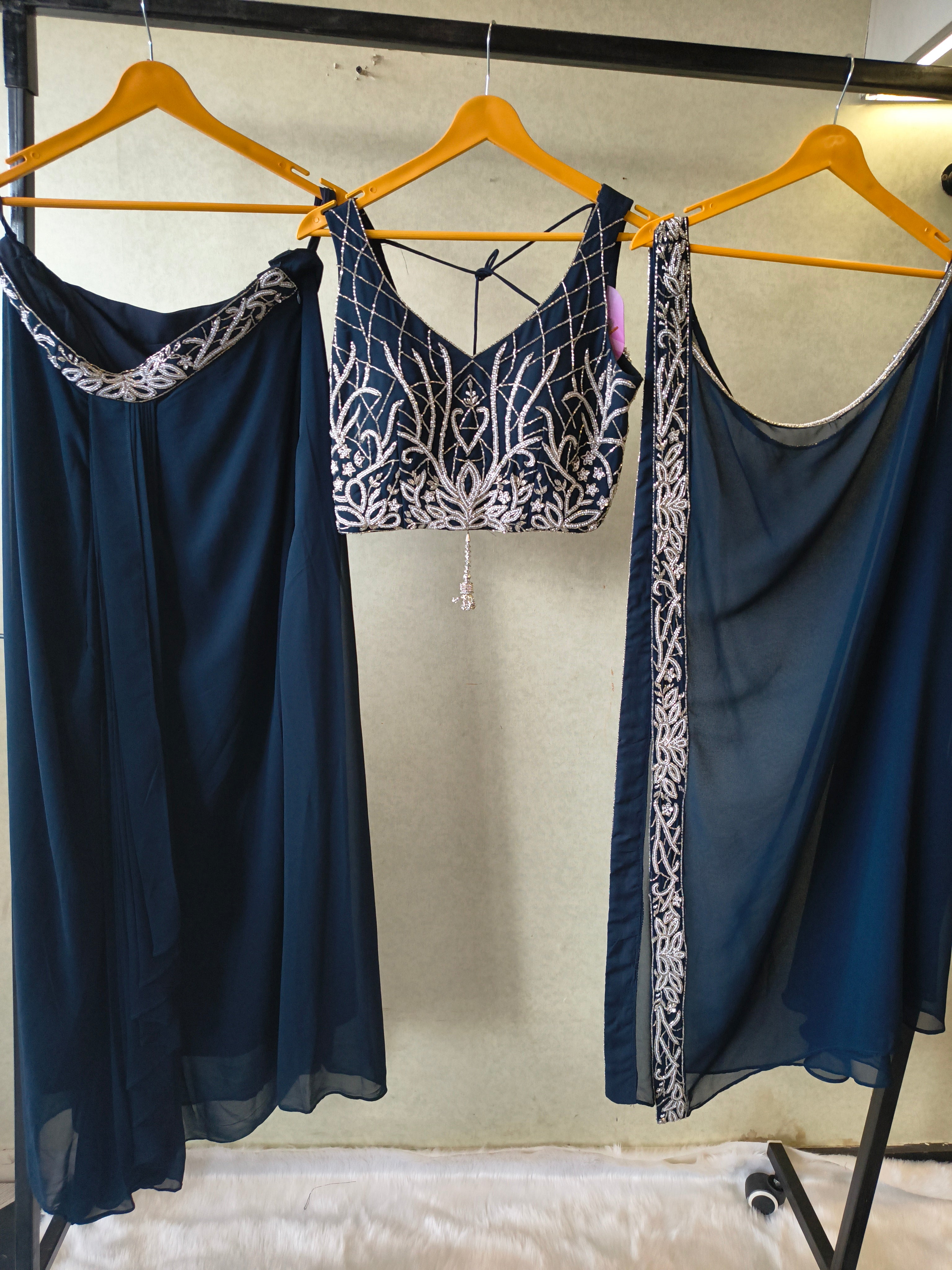 Image of Midnight Navy Embroidered Designer Blouse with Flared Palazzo & Embroidered Dupatta – 3 Piece Festive Indo-Western Set