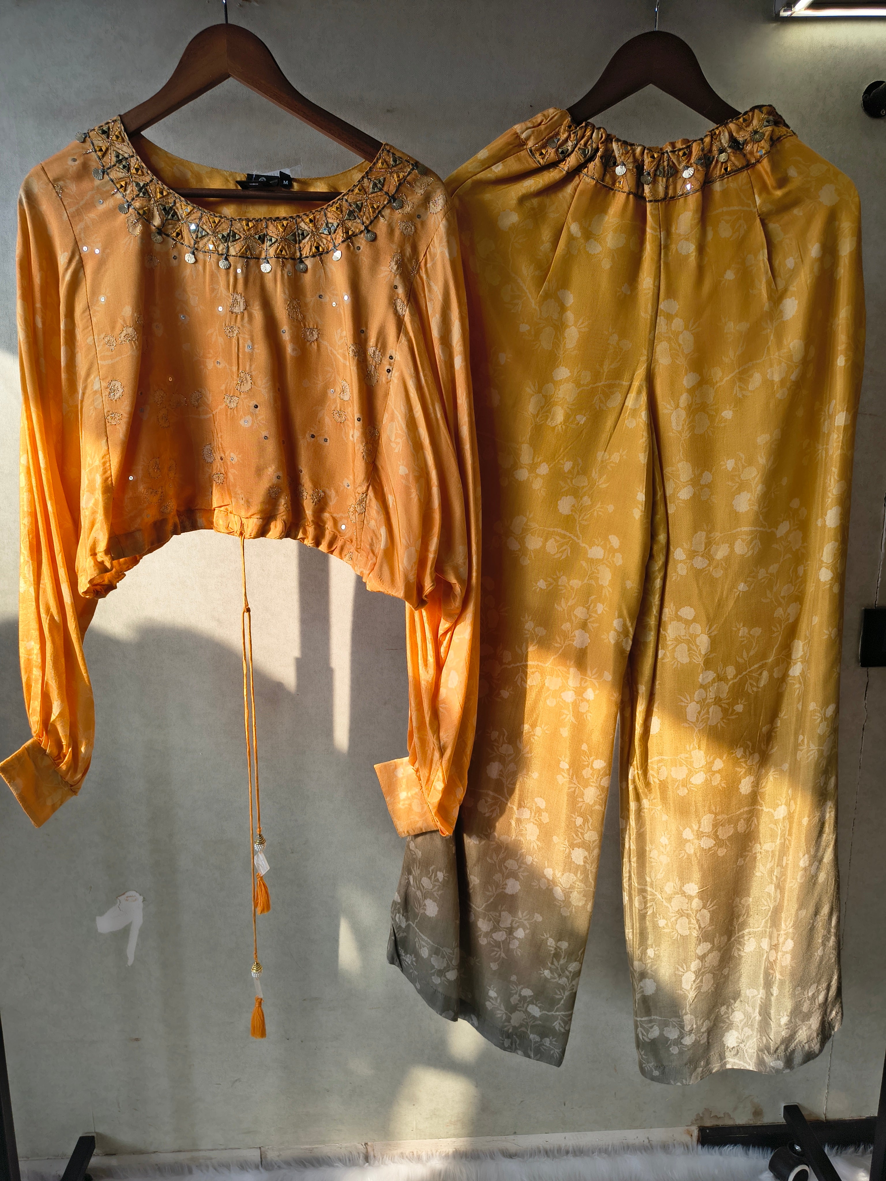 Image of Premium Sunset Ombre Embellished Crop Top & Wide-Leg Palazzo Co-Ord Set