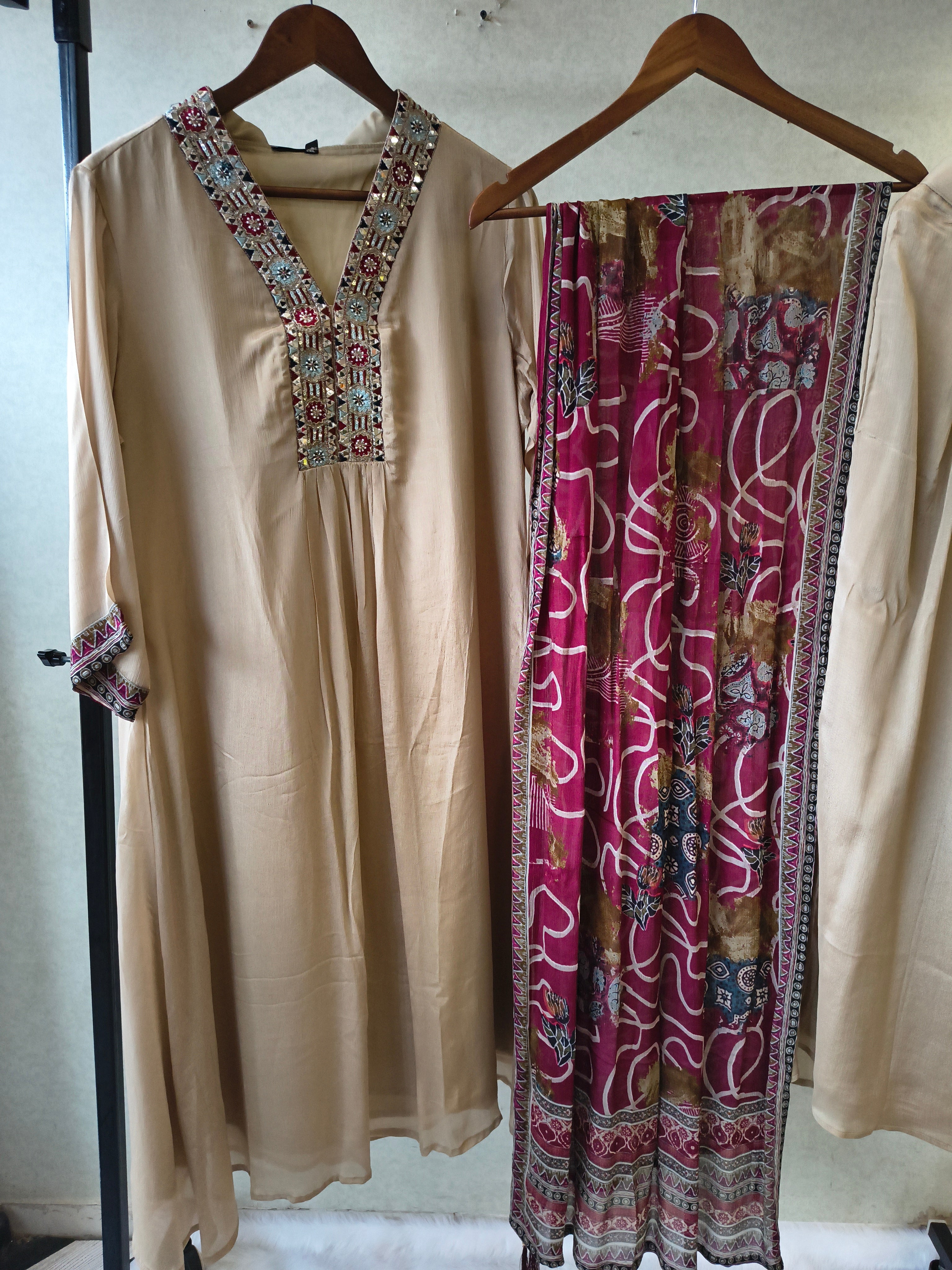 Image of Ivory Beige Embroidered Designer Kurta Set with Printed Dupatta | Premium 3 Piece Ethnic Suit