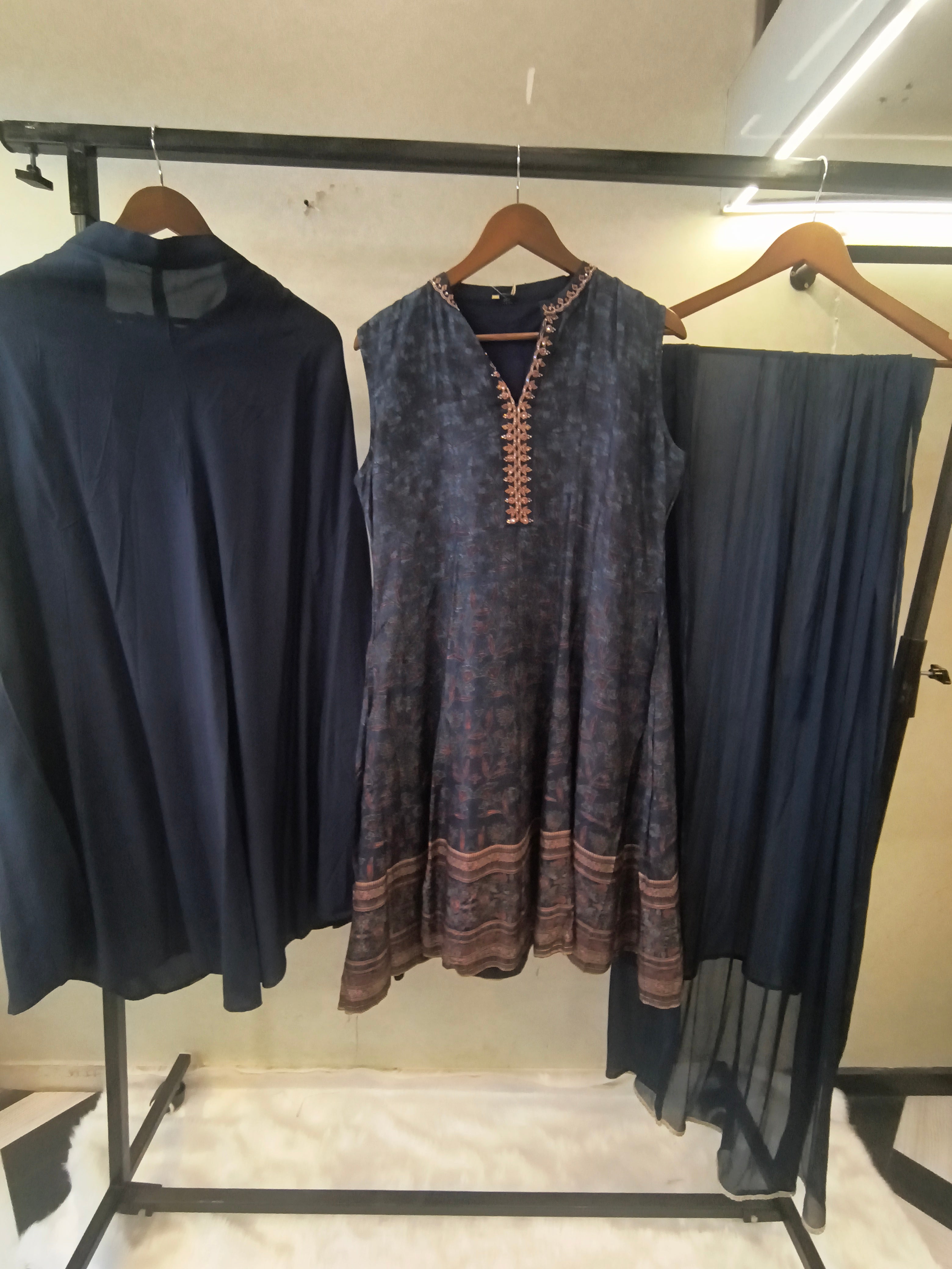 Image of Midnight Navy Printed Anarkali Kurta Set with Embroidered Neckline, Palazzo & Chiffon Dupatta | Premium 3 Piece Festive Ensemble