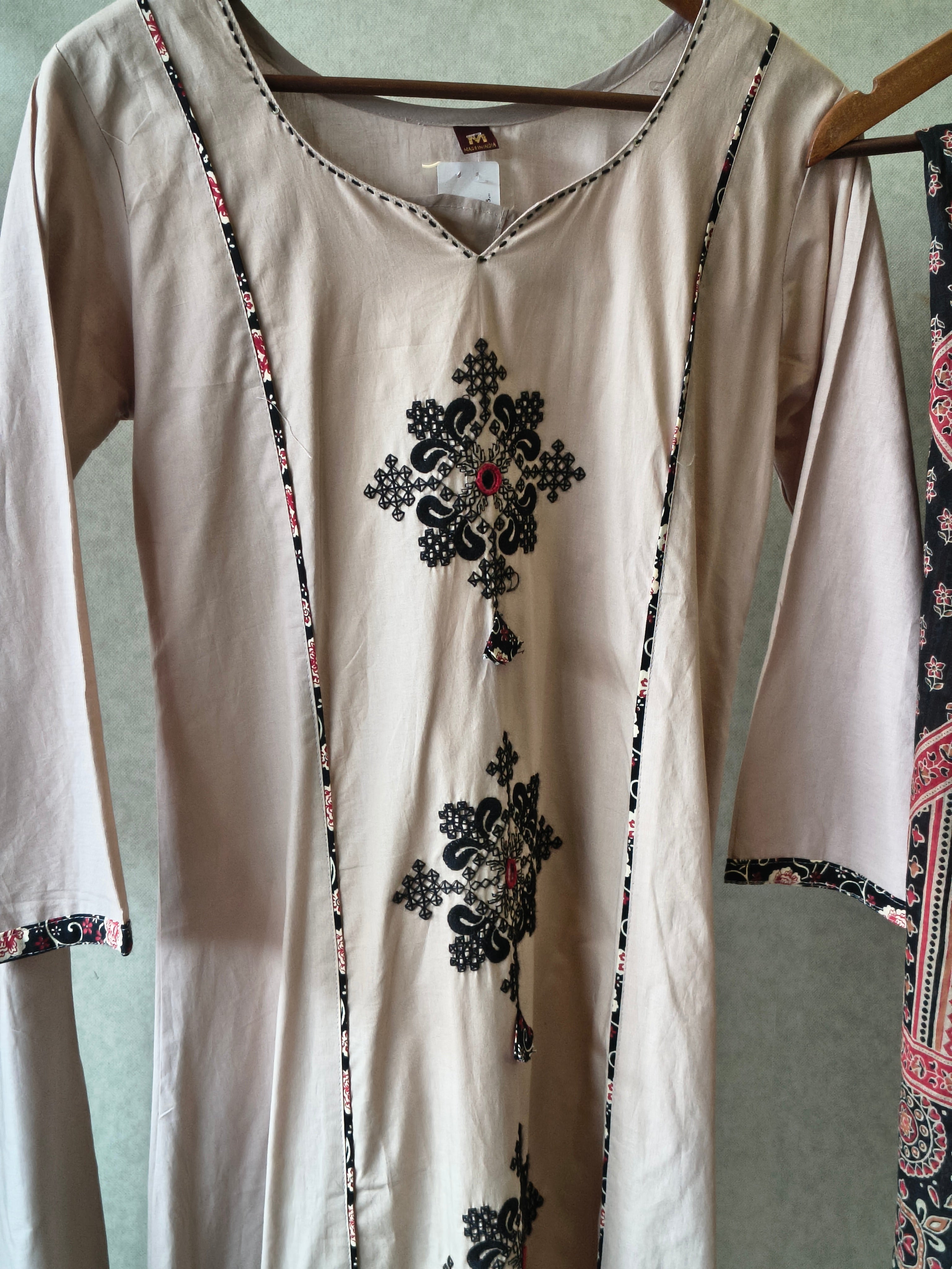 Image of Blush Beige Cotton Straight Kurta Set with Floral Embroidery & Printed Dupatta