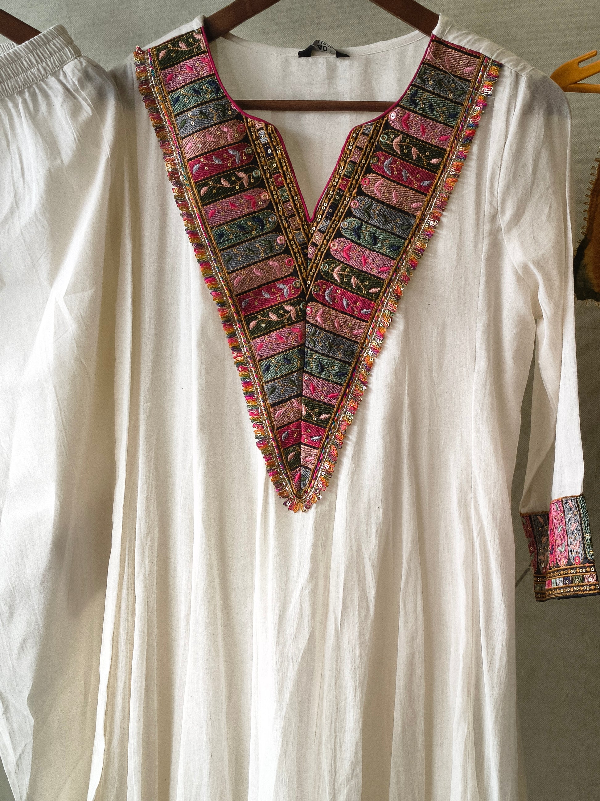 Ivory Cotton Anarkali Suit Set with Embroidered V-Neck & Colour Block Dupatta