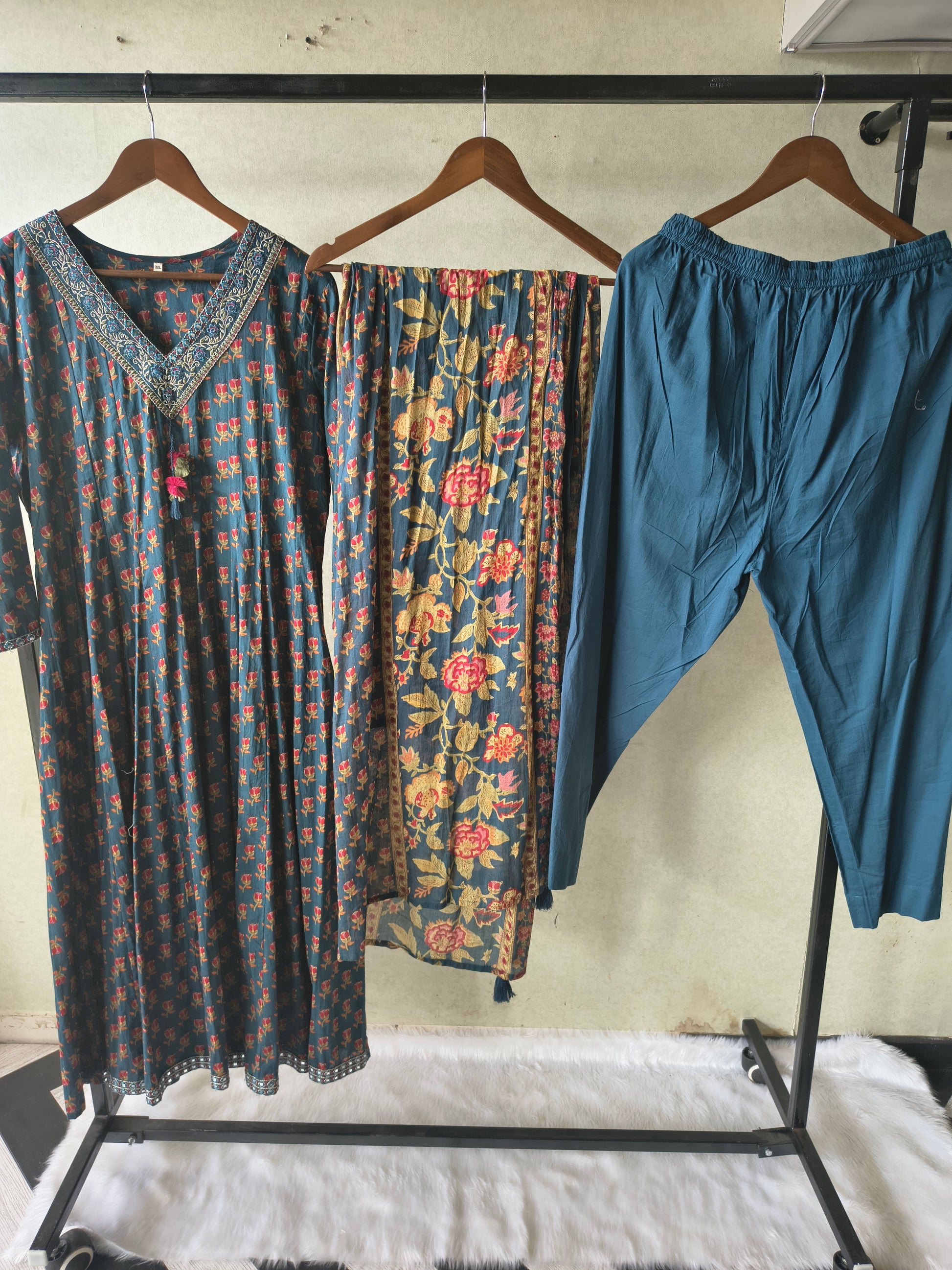 Premium Teal Blue Floral Printed Anarkali Kurta Set with Embroidered V-Neck, Solid Pants & Designer Printed Dupatta