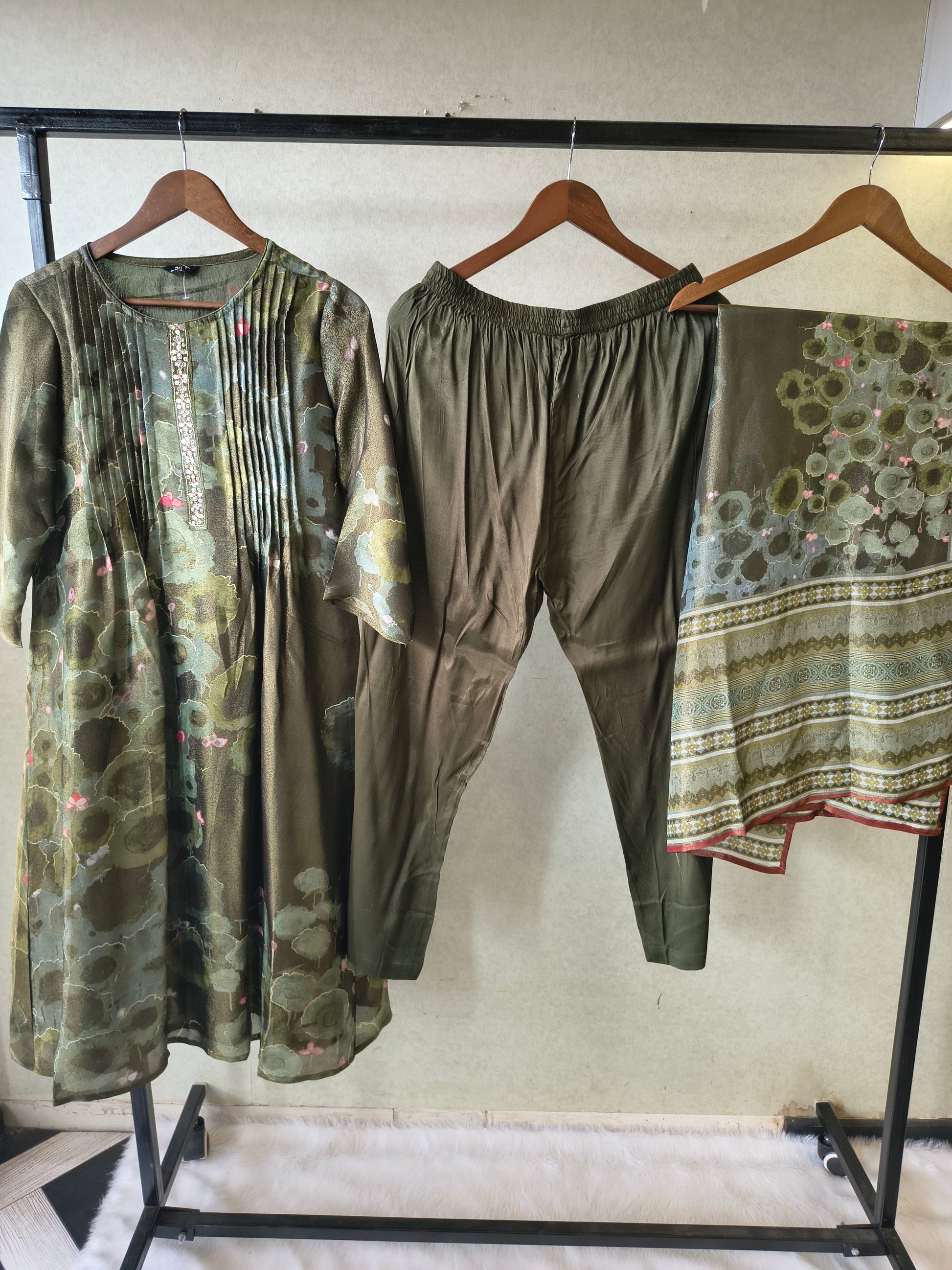 Premium Olive Green Abstract Printed A-Line Kurta Set with Dupatta