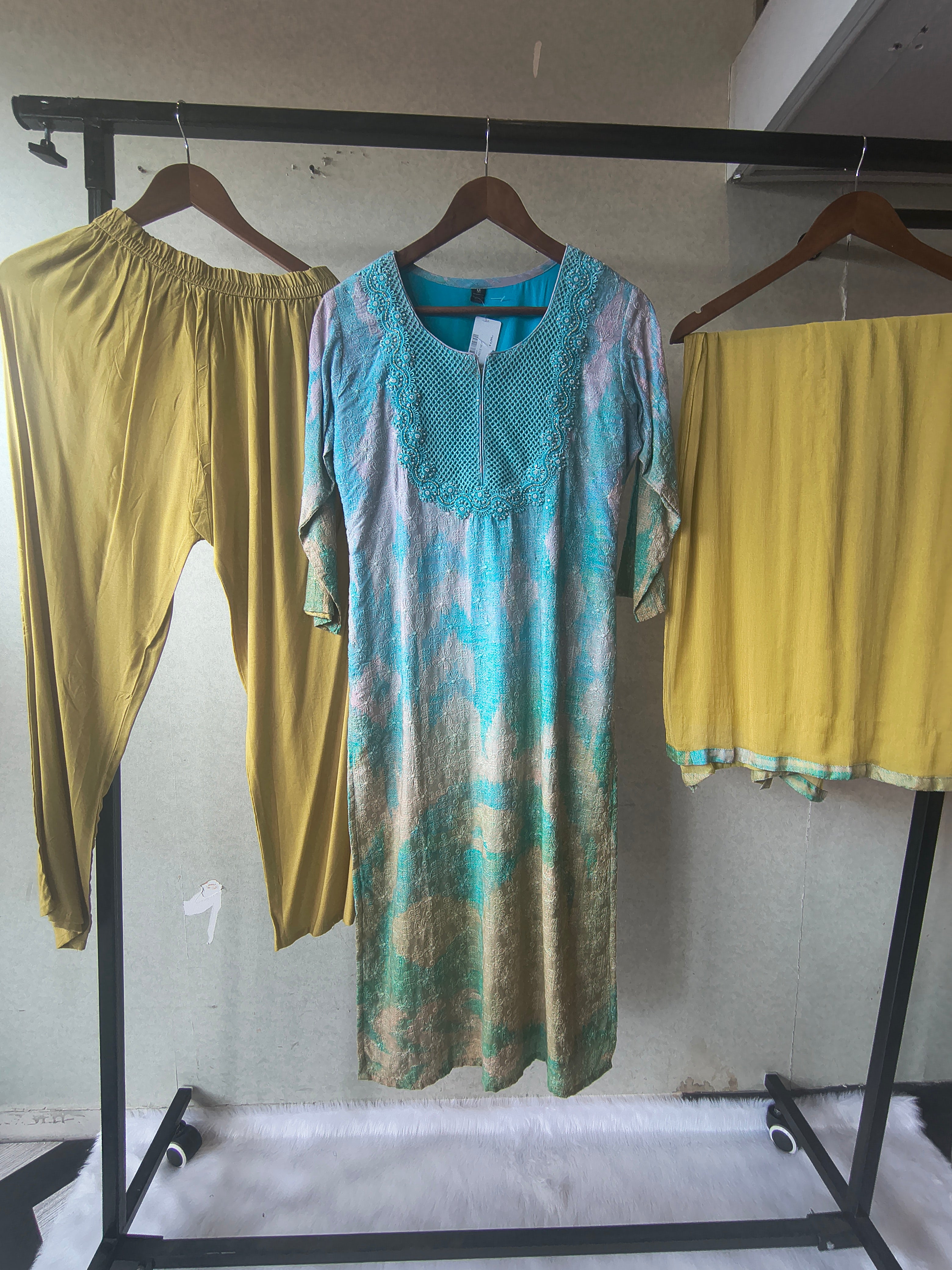 Image of Premium Aqua Blue Digital Printed Kurta Set with Embroidered Yoke & Solid Mustard Palazzo with Dupatta