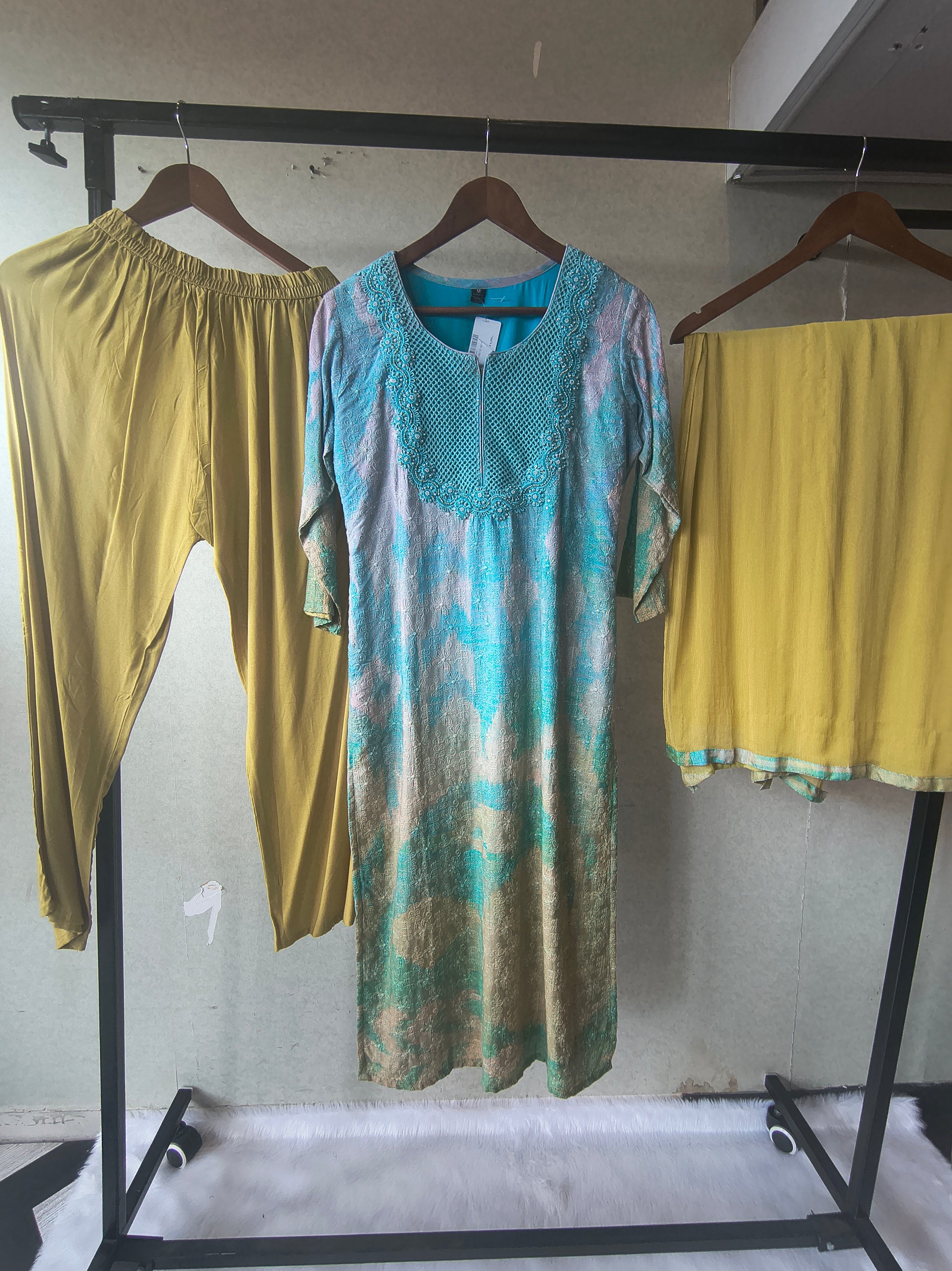 Premium Aqua Blue Digital Printed Kurta Set with Embroidered Yoke & Solid Mustard Palazzo with Dupatta
