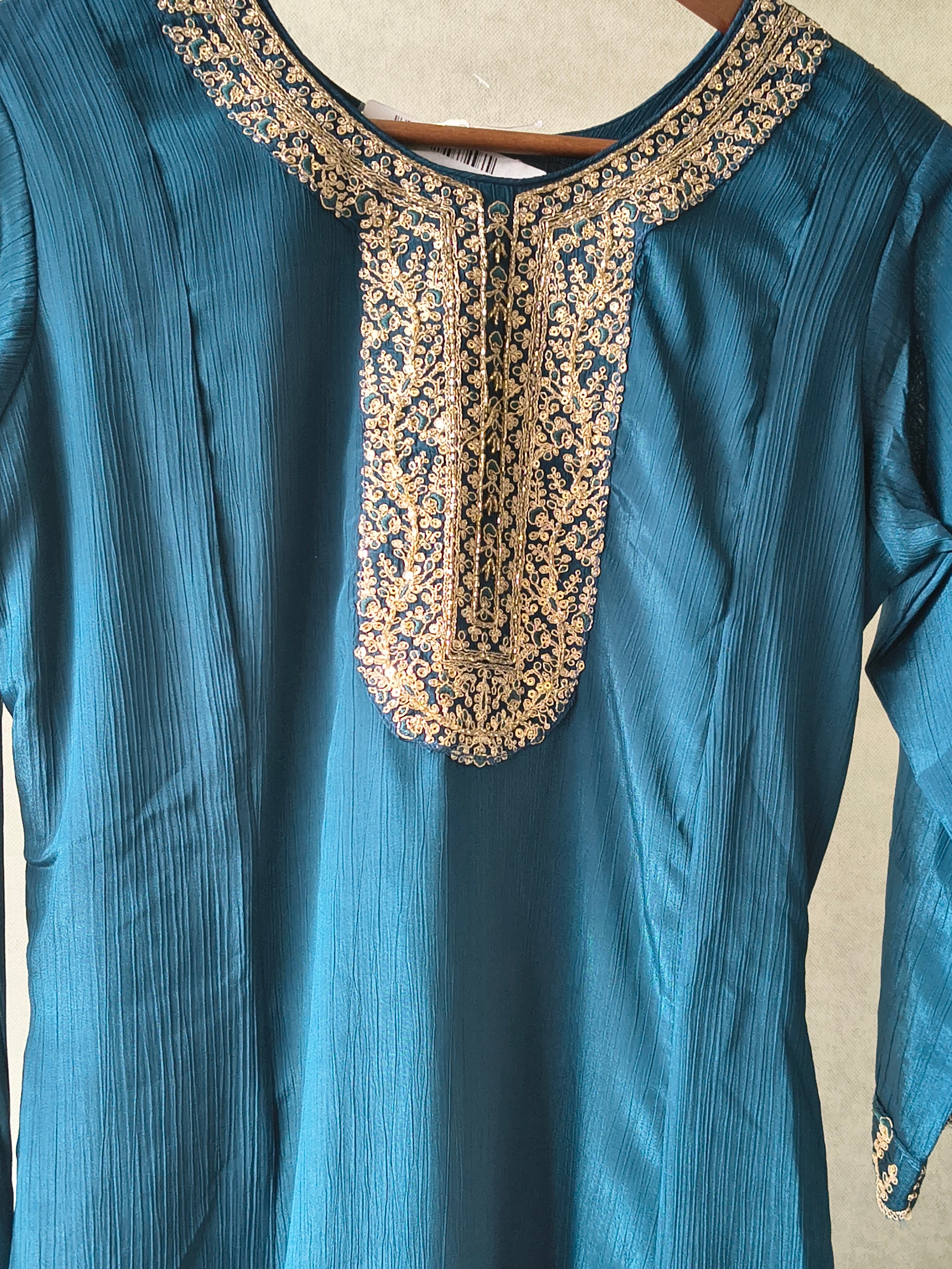 Image of Premium Teal Blue Embroidered Straight Kurta with Salwar Pants & Embellished Dupatta Set