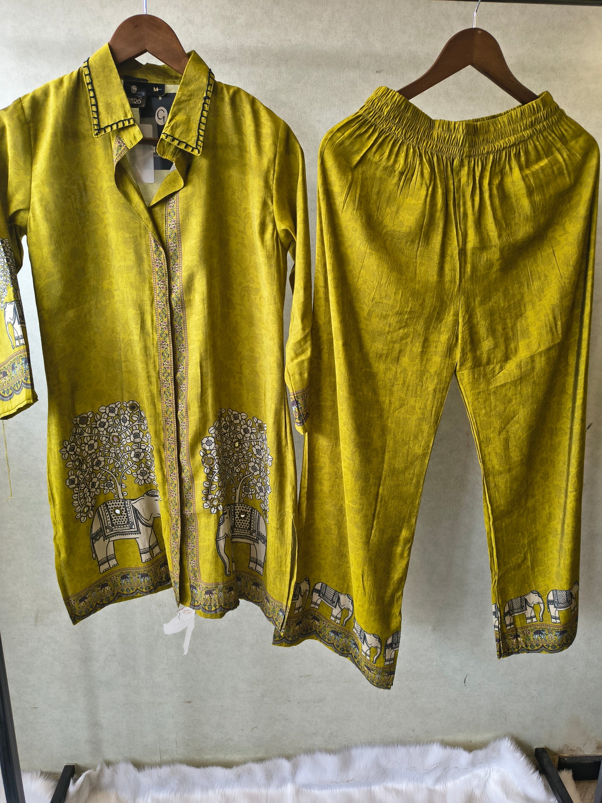 Mustard Yellow Elephant Print Designer Co-Ord Set with Asymmetrical Hem