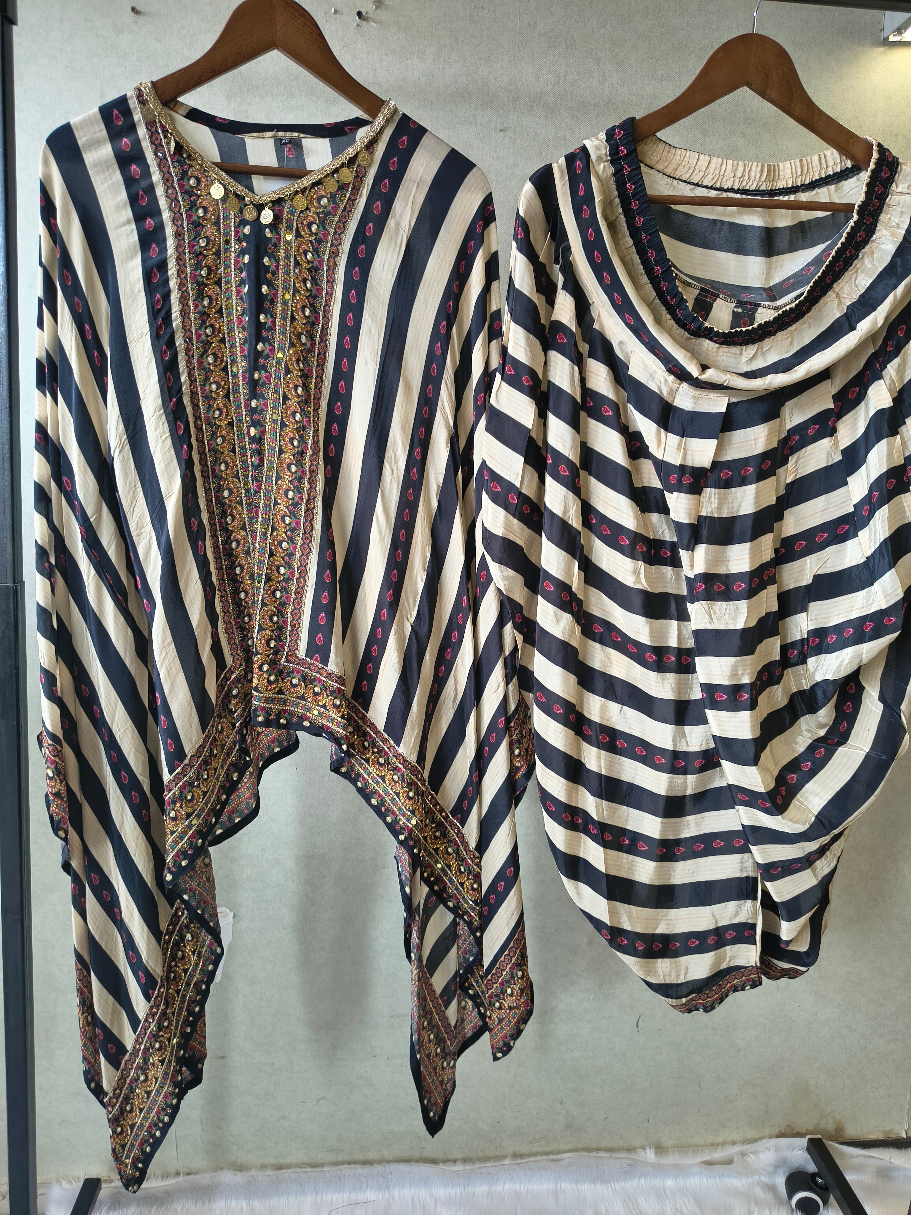 Image of Ivory & Navy Striped Designer Kaftan Co-Ord Set with Embroidered Neckline & Draped Silhouette