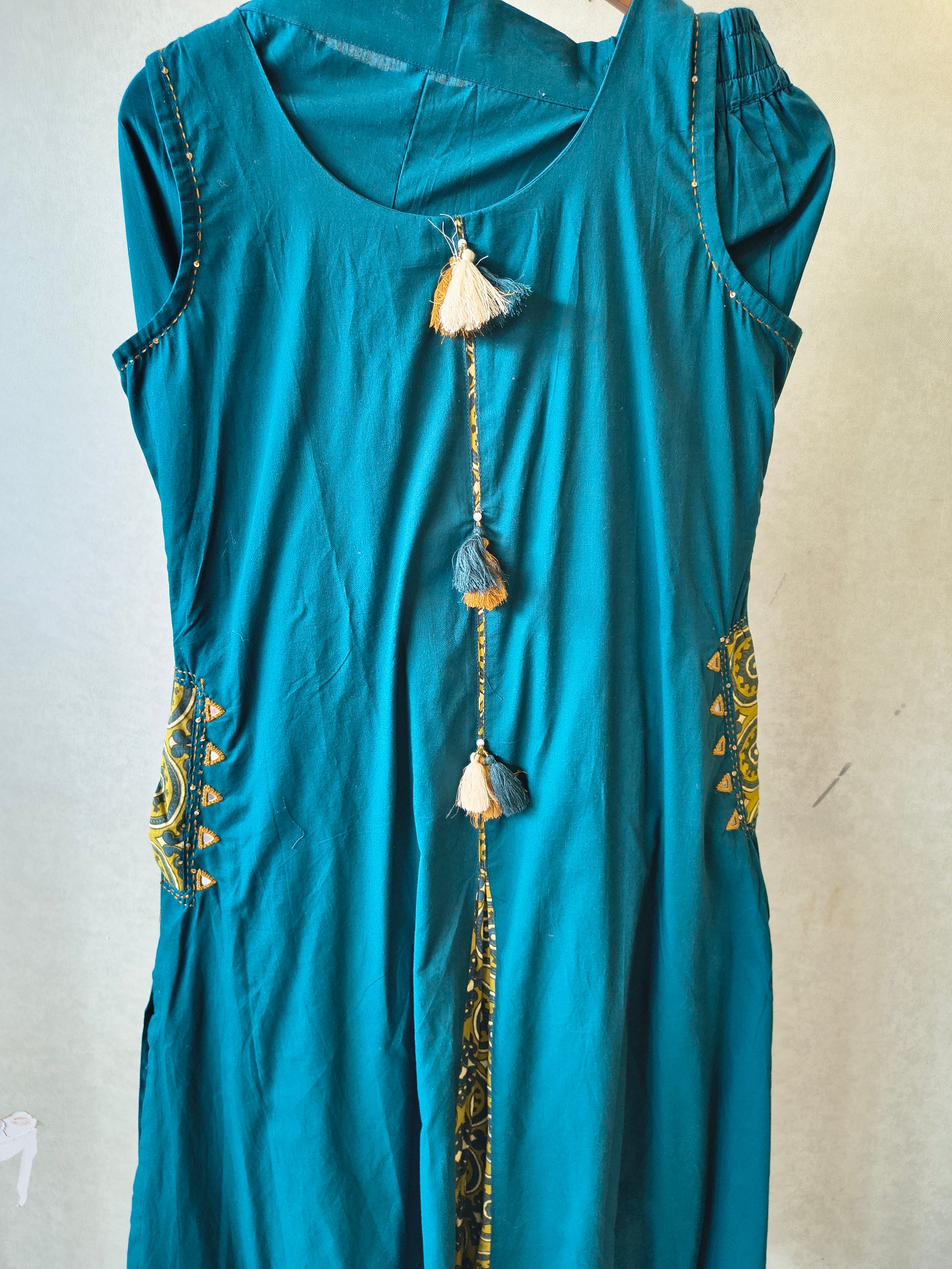 Teal Sleeveless A-Line Kurta Set with Printed Panel & Straight Pants
