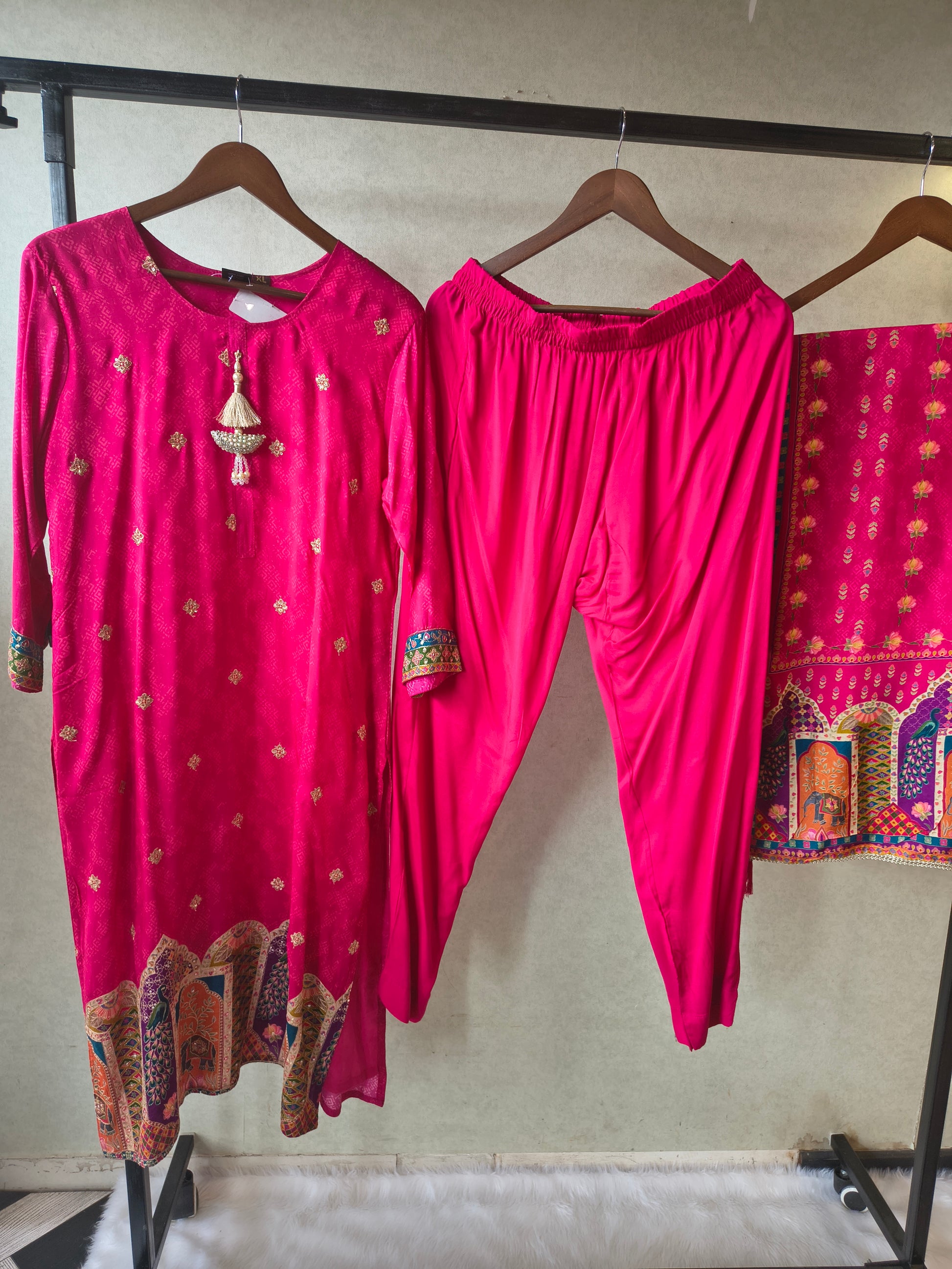 Premium Rani Pink Printed Straight Kurta with Cigarette Pants & Dupatta Set