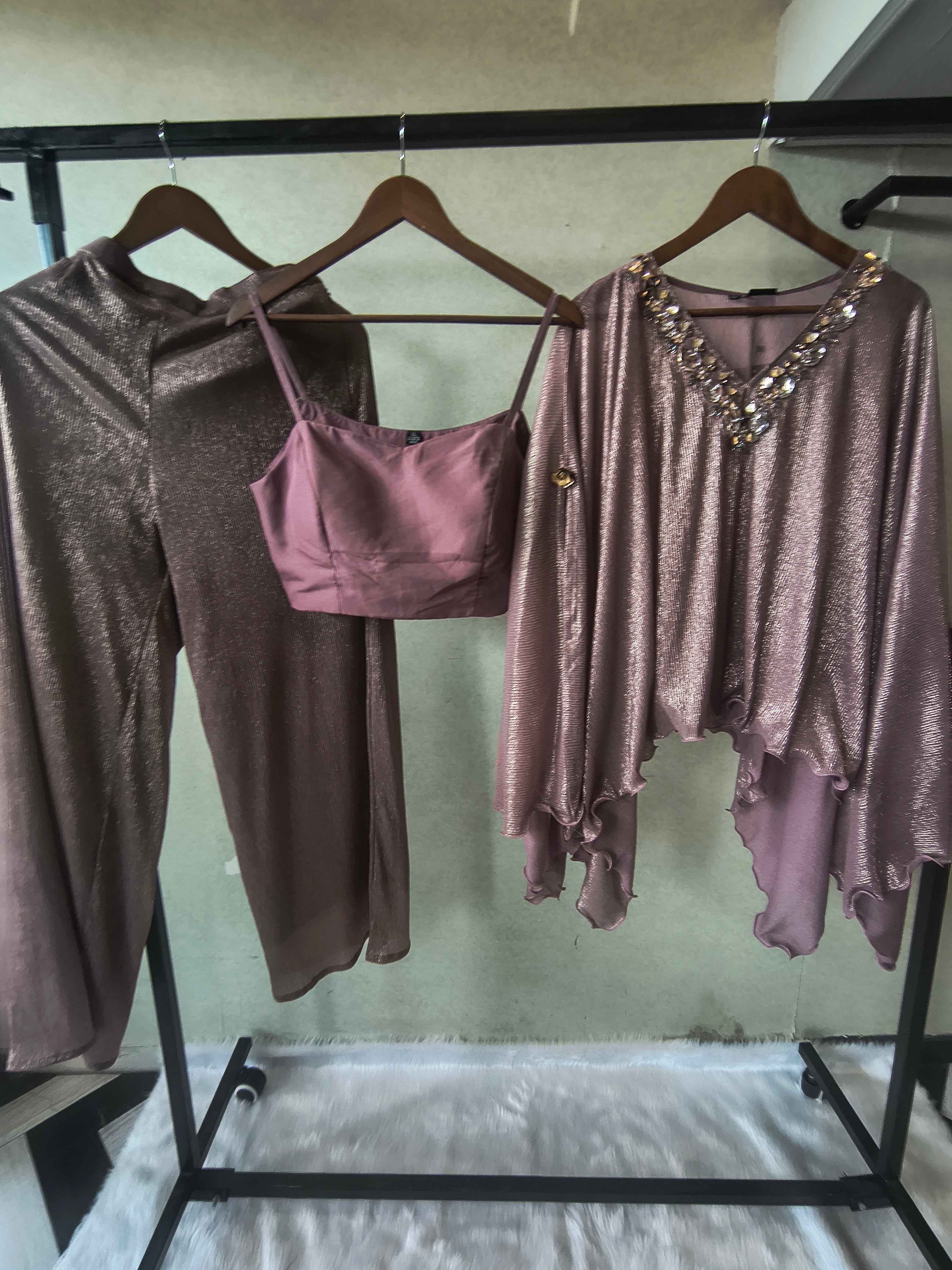 Image of Premium Rose Gold Shimmer Kaftan Co-Ord Set with Hand Embellished Cape & Straight Pants