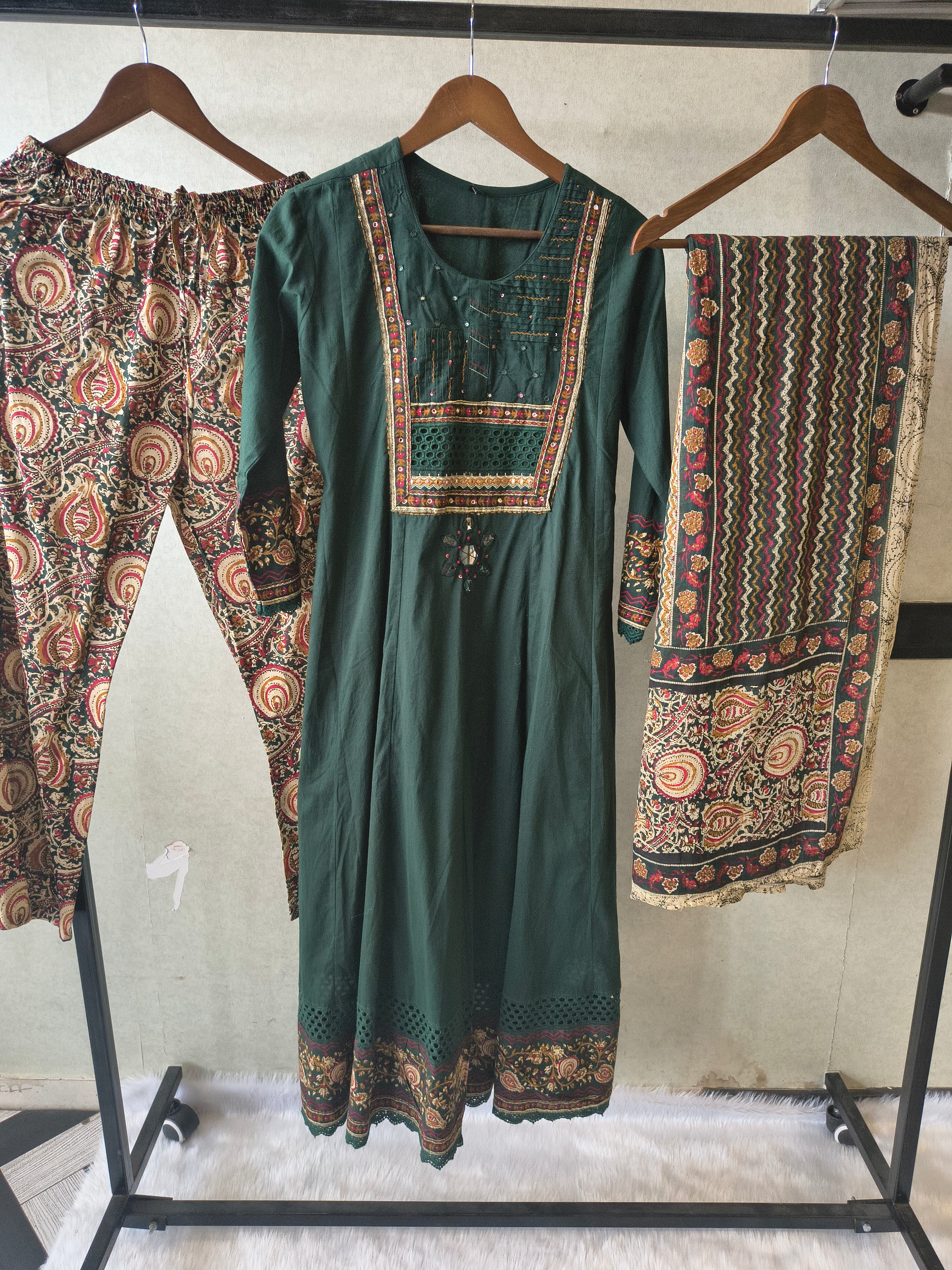 Image of Emerald Green Embroidered Three-Piece Kurta Set with Printed Pant & Designer Dupatta