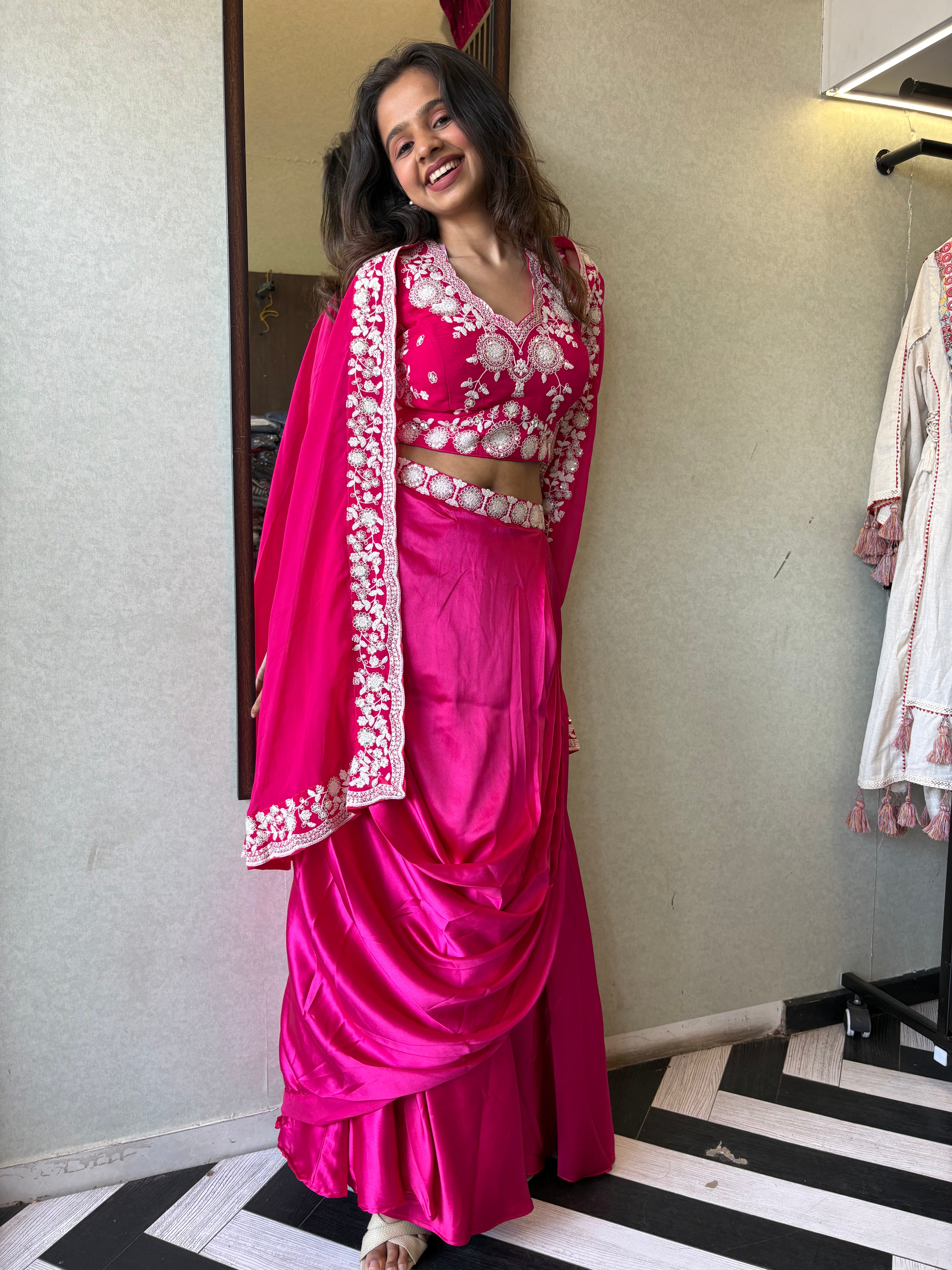 Image of Pure crepe 3-piece Indo-Western beauty, featuring stunning hand embroidery and a drape-style silhouette that turns every occasion into a fashion moment.