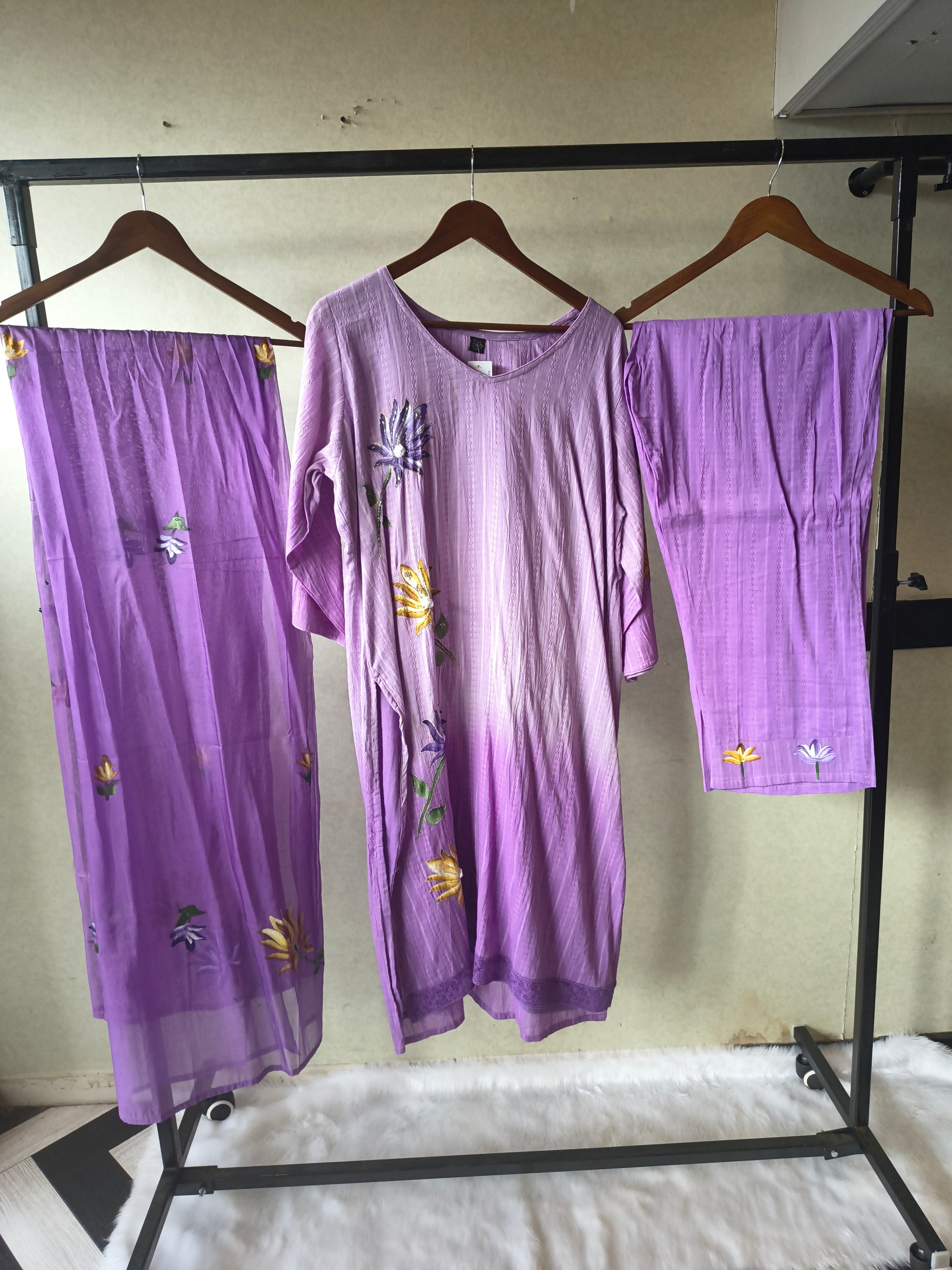 Premium Lavender Embroidered Straight Kurta Set with Floral Dupatta & Straight Pants