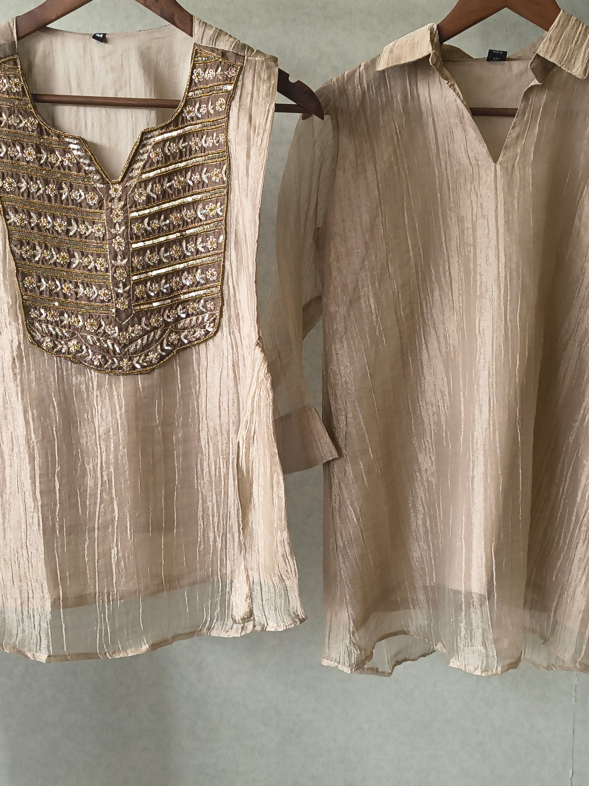 Premium Champagne Gold Tissue Silk 3-Piece Co-Ord Set with Antique Zari Embroidered Jacket, Inner & Palazzo