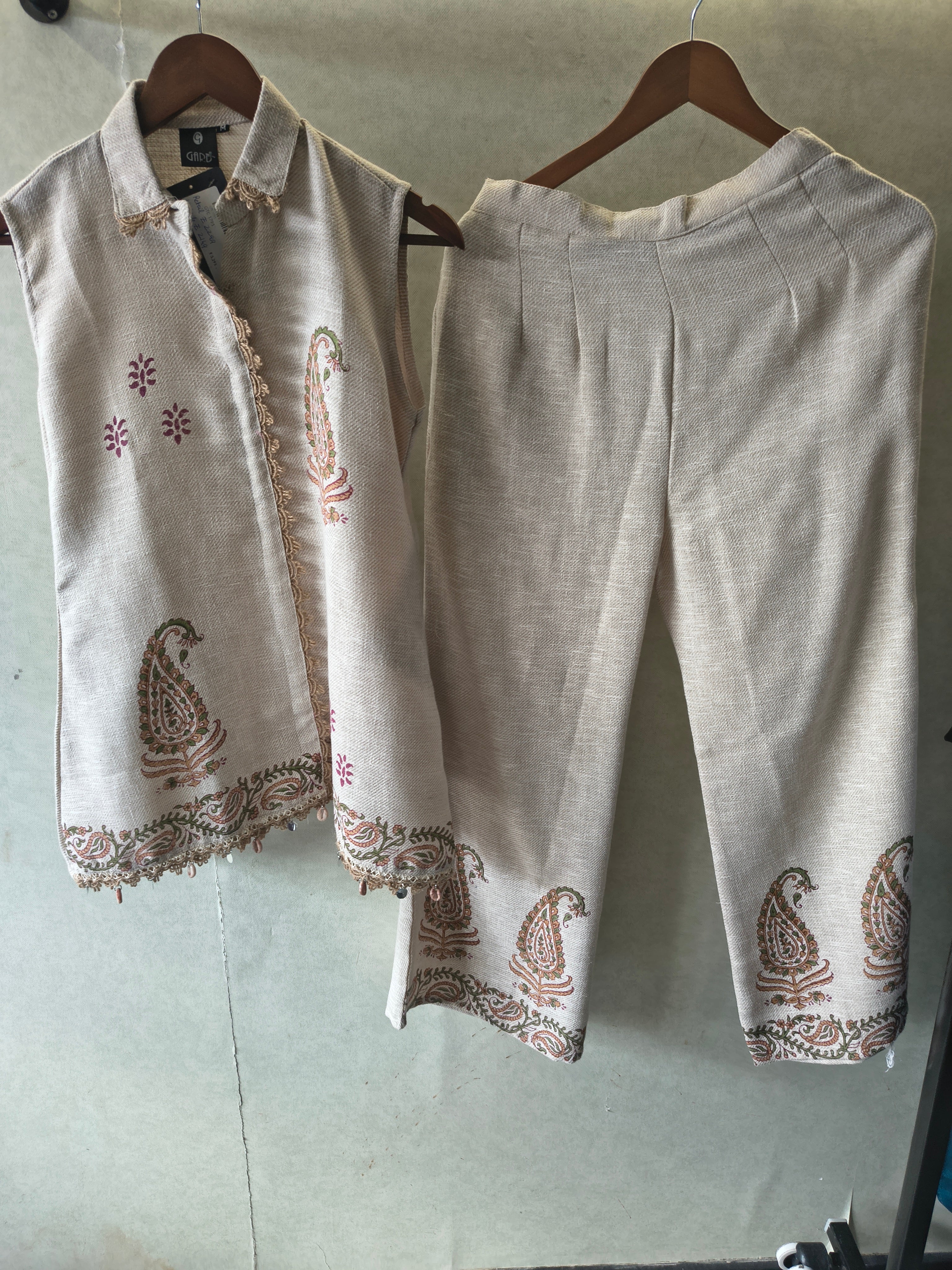 Image of Natural Beige Paisley Printed Sleeveless Designer Co-Ord Set