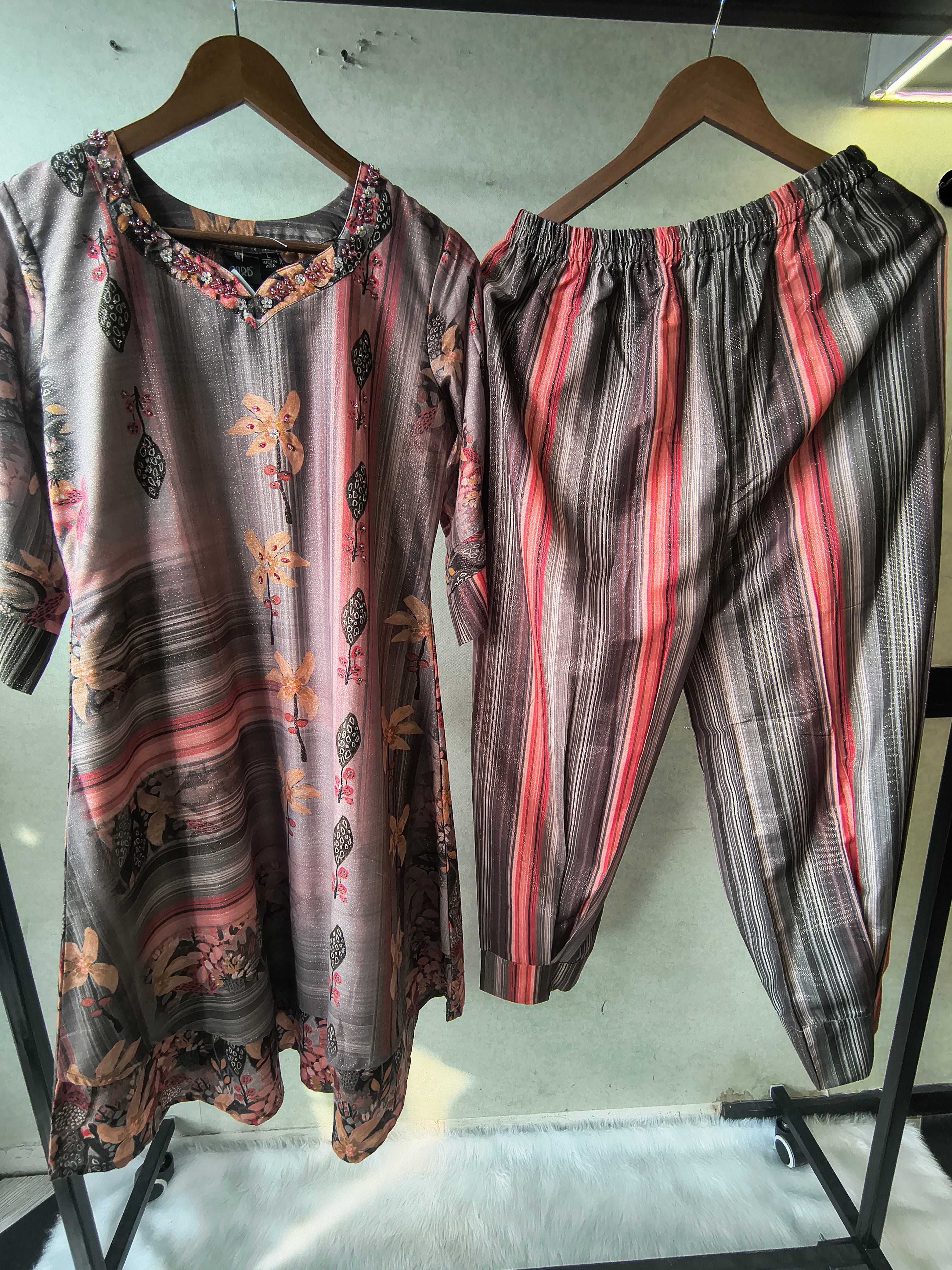 Image of Premium Smoky Grey Artistic Printed Kurta with Striped Tapered Pants Co-Ord Set