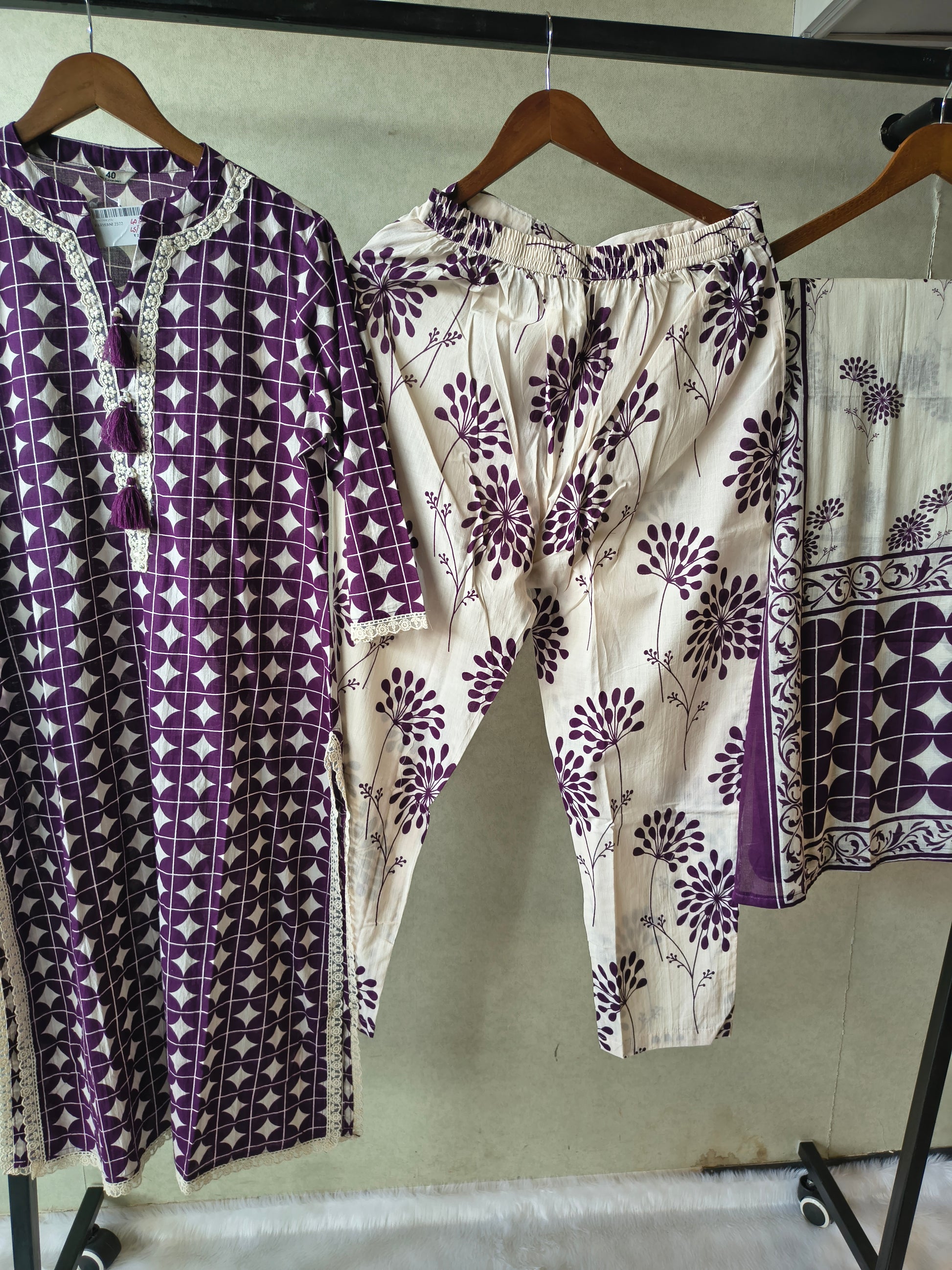 Premium Plum Geometric Printed Cotton Kurta Set with Floral Printed Pants & Dupatta