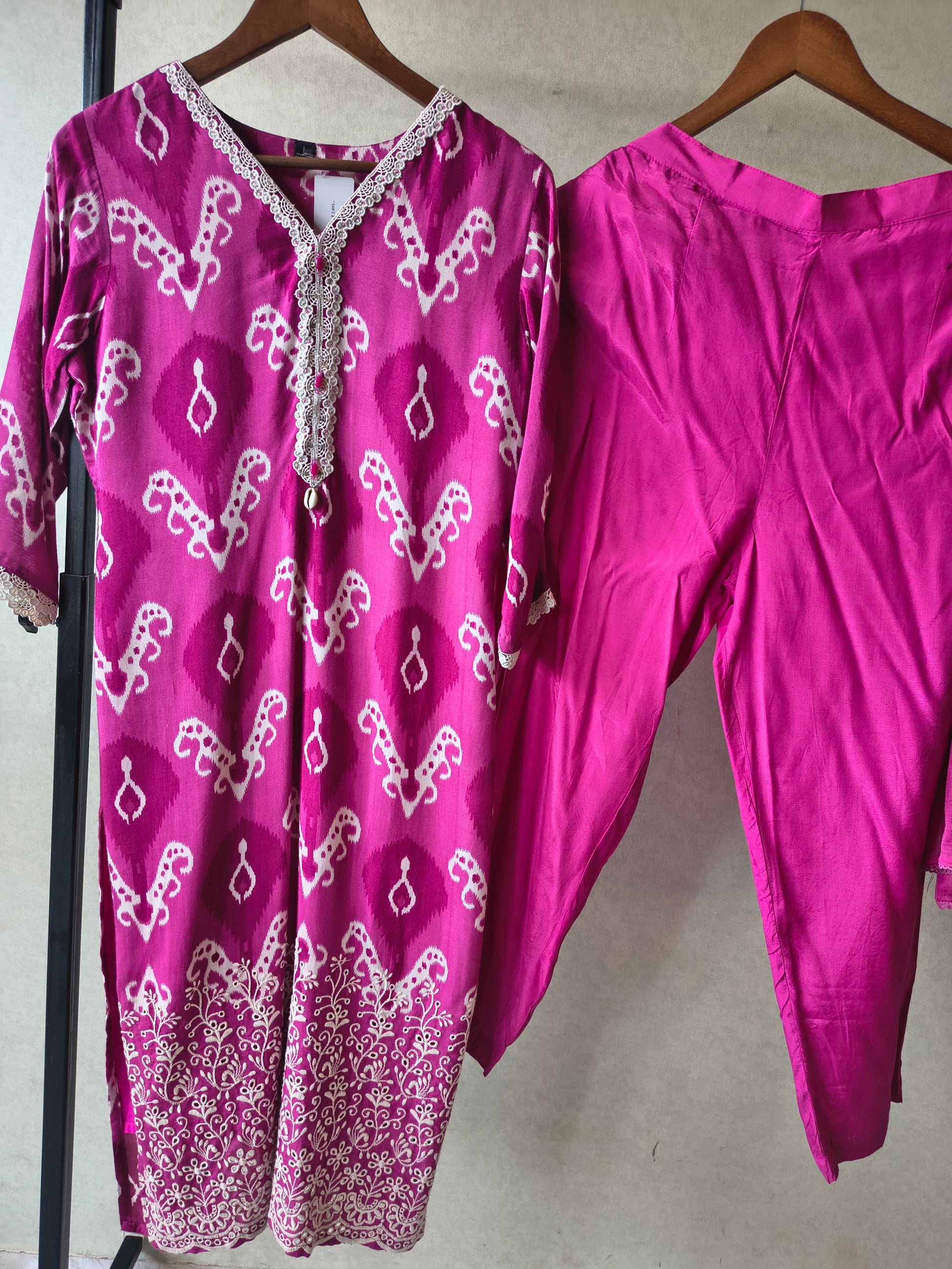 Premium Magenta Ikat Printed Cotton Kurta Set with Solid Pants & Dupatta