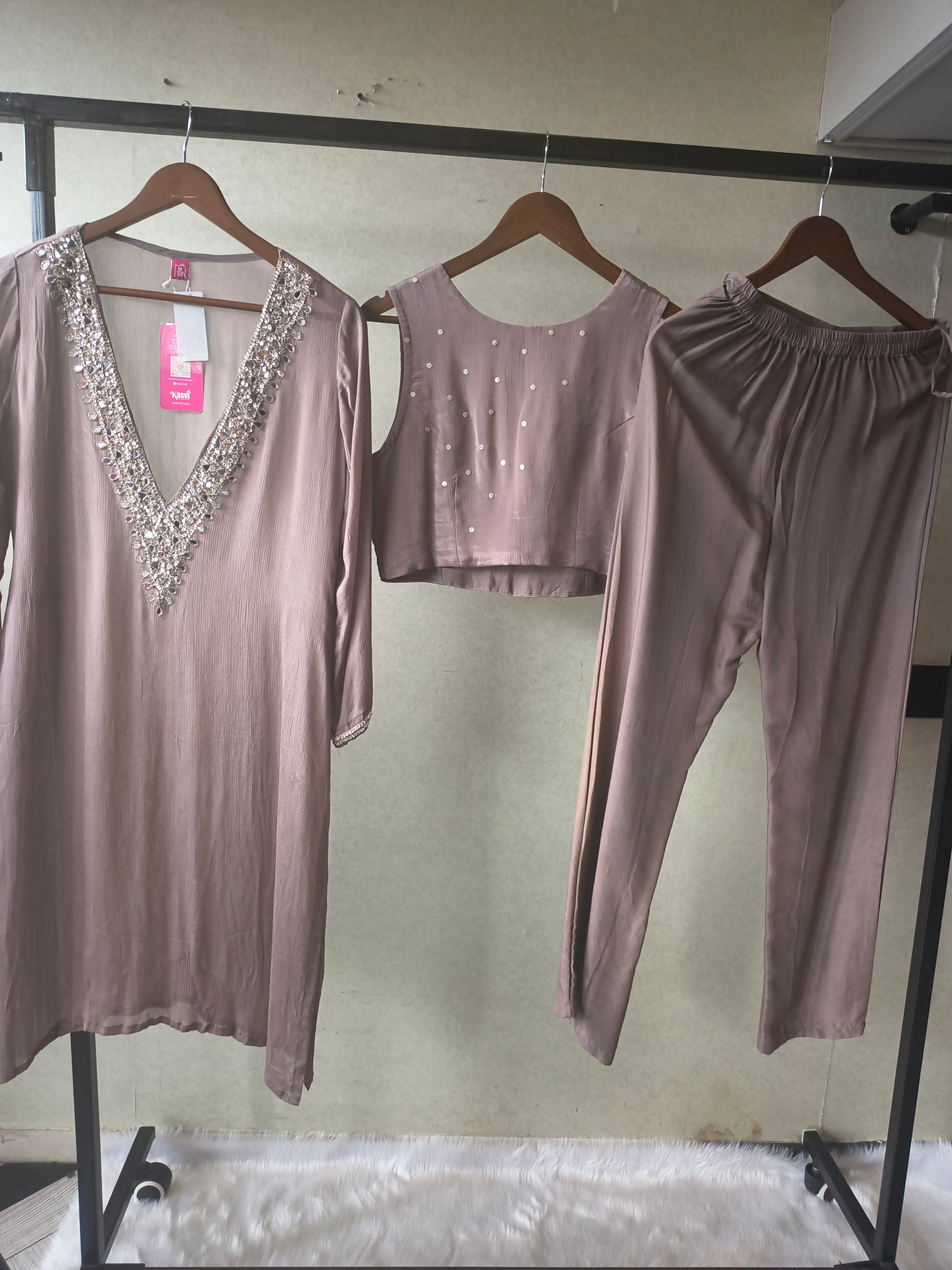 Image of Luxury Taupe Embellished Kurta with Sleeveless Blouse & Straight Pants – 3 Piece Designer Indo-Western Set