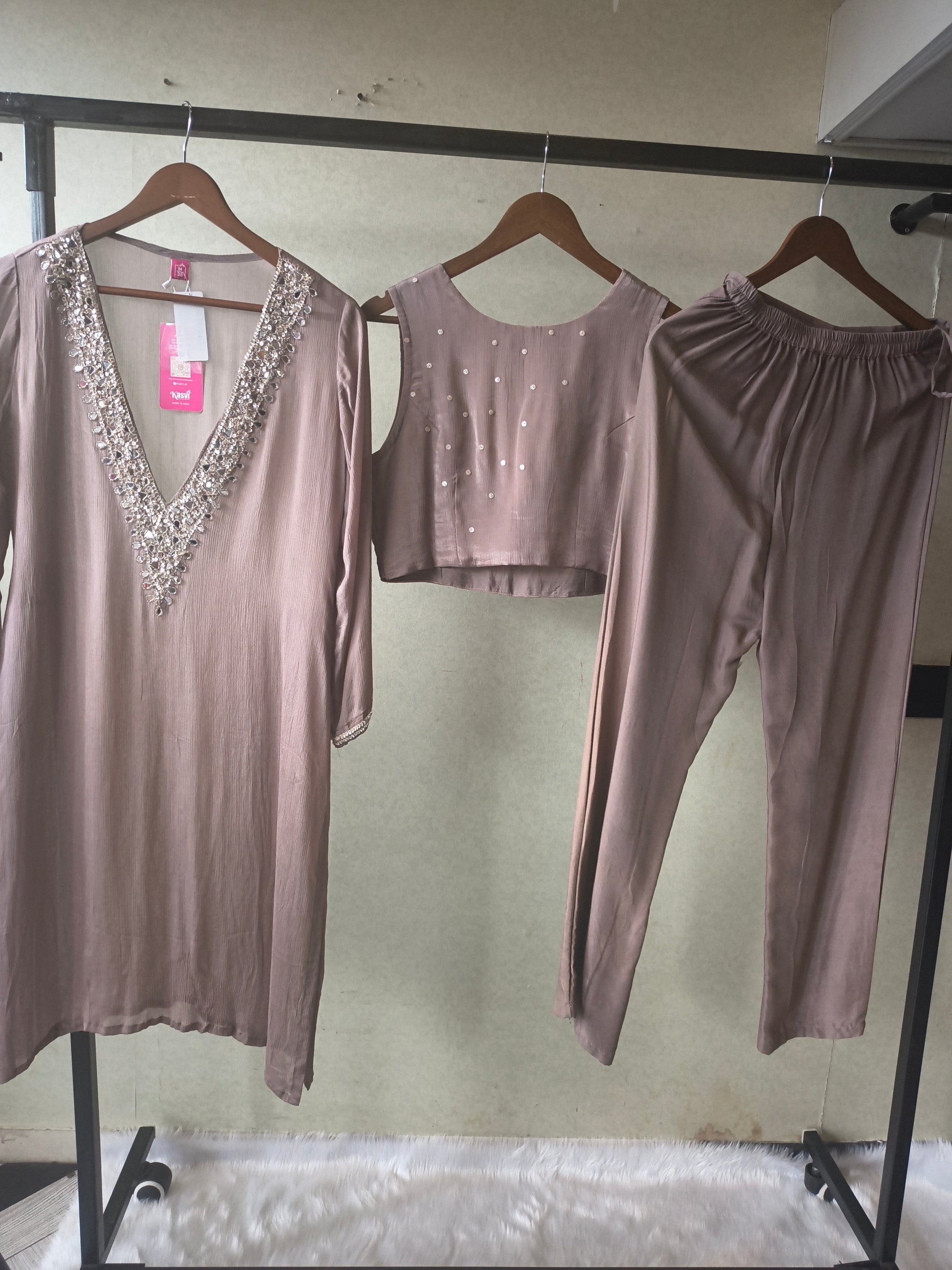 Luxury Taupe Embellished Kurta with Sleeveless Blouse & Straight Pants – 3 Piece Designer Indo-Western Set