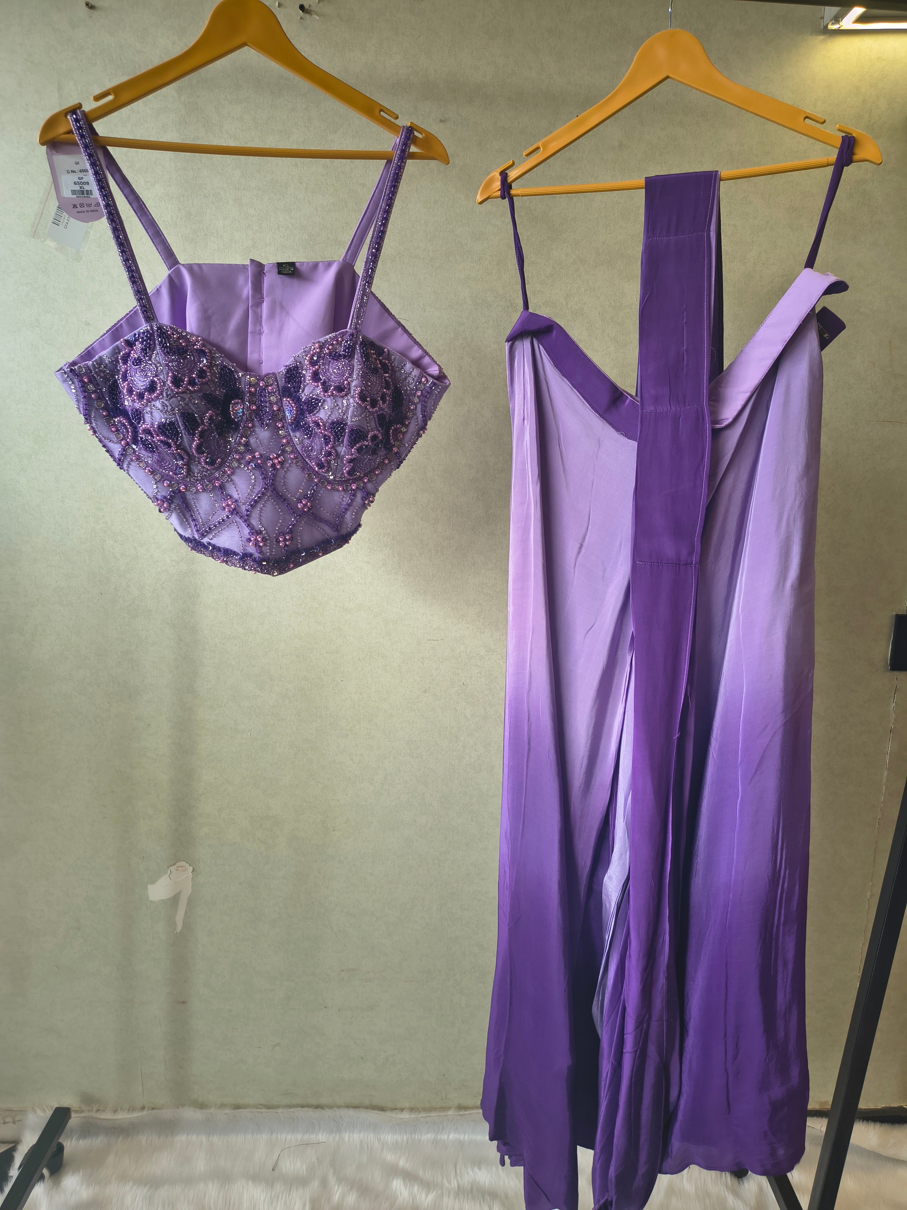 Image of Lavender Embellished Corset Blouse with Drape Palazzo – Designer Indo-Western Party Wear Co-Ord Set