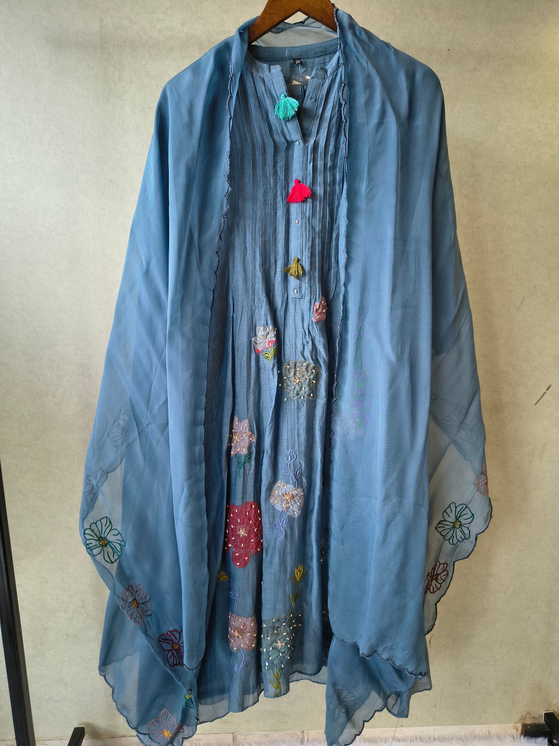 Premium Steel Blue Embroidered Straight Kurta with Dhoti Pants & Embroidered Organza Dupatta Set