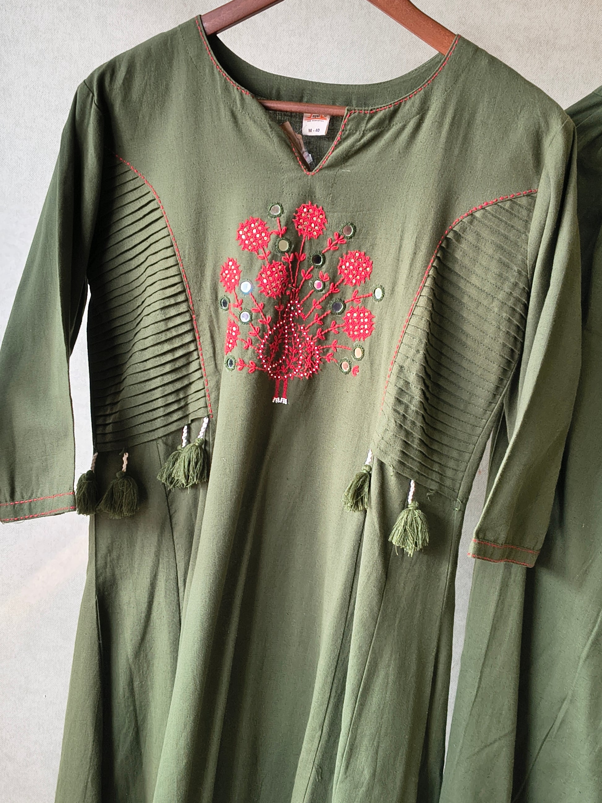 Tadko Olive Green Embroidered Cotton Kurta & Pant Co-Ord Set