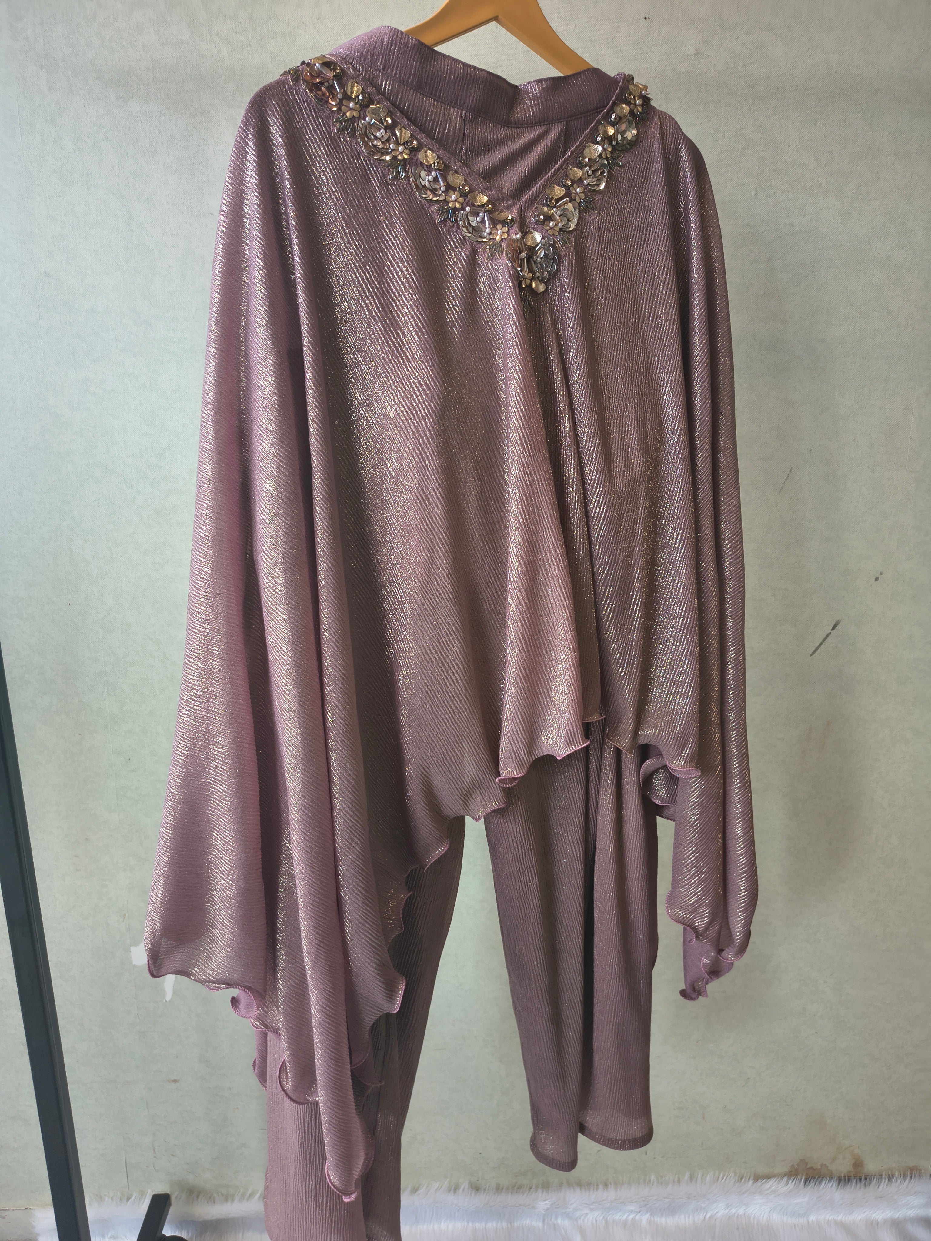 Image of Premium Rose Gold Shimmer Kaftan Co-Ord Set with Hand Embellished Cape & Straight Pants