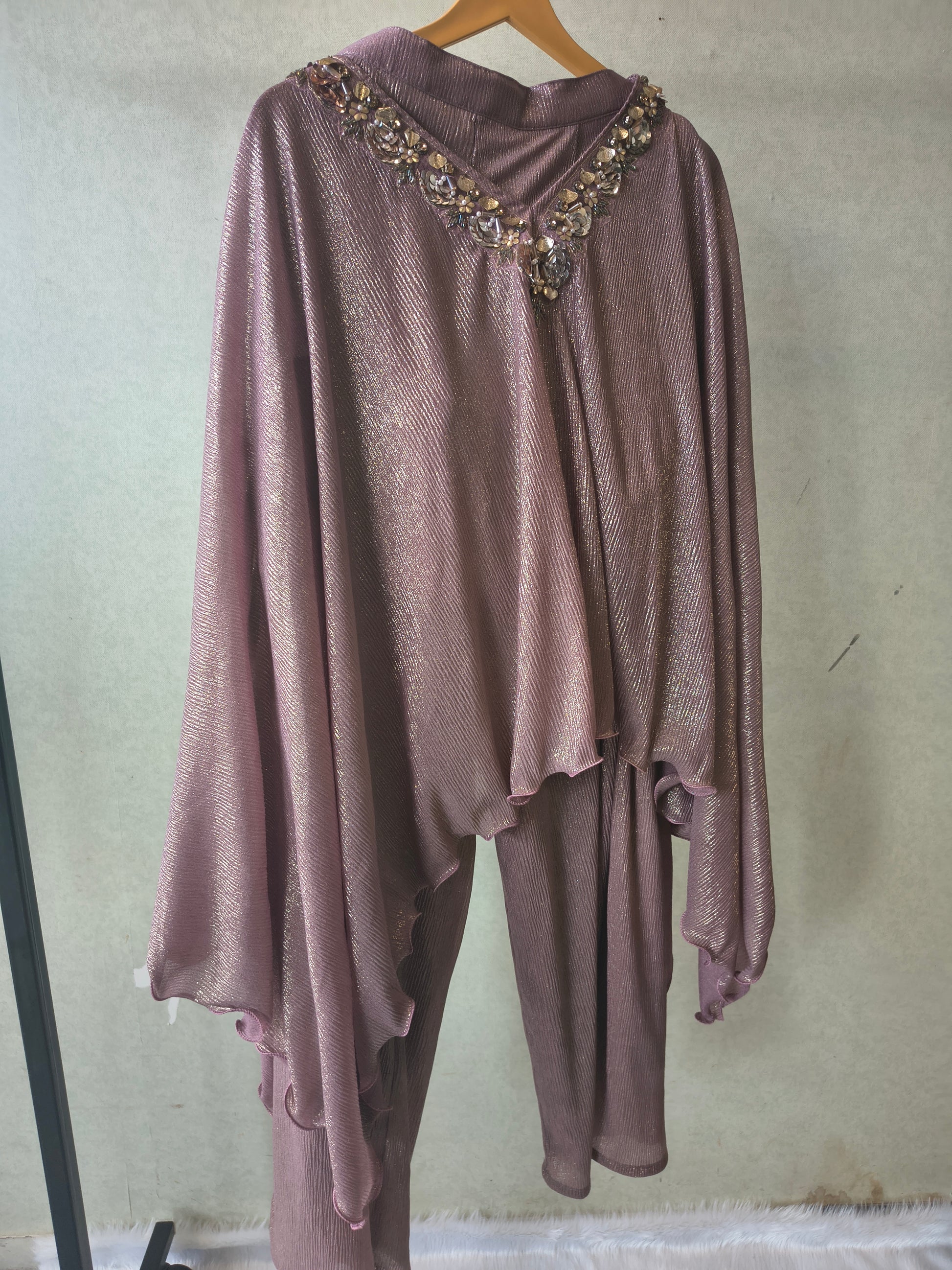 Premium Rose Gold Shimmer Kaftan Co-Ord Set with Hand Embellished Cape & Straight Pants