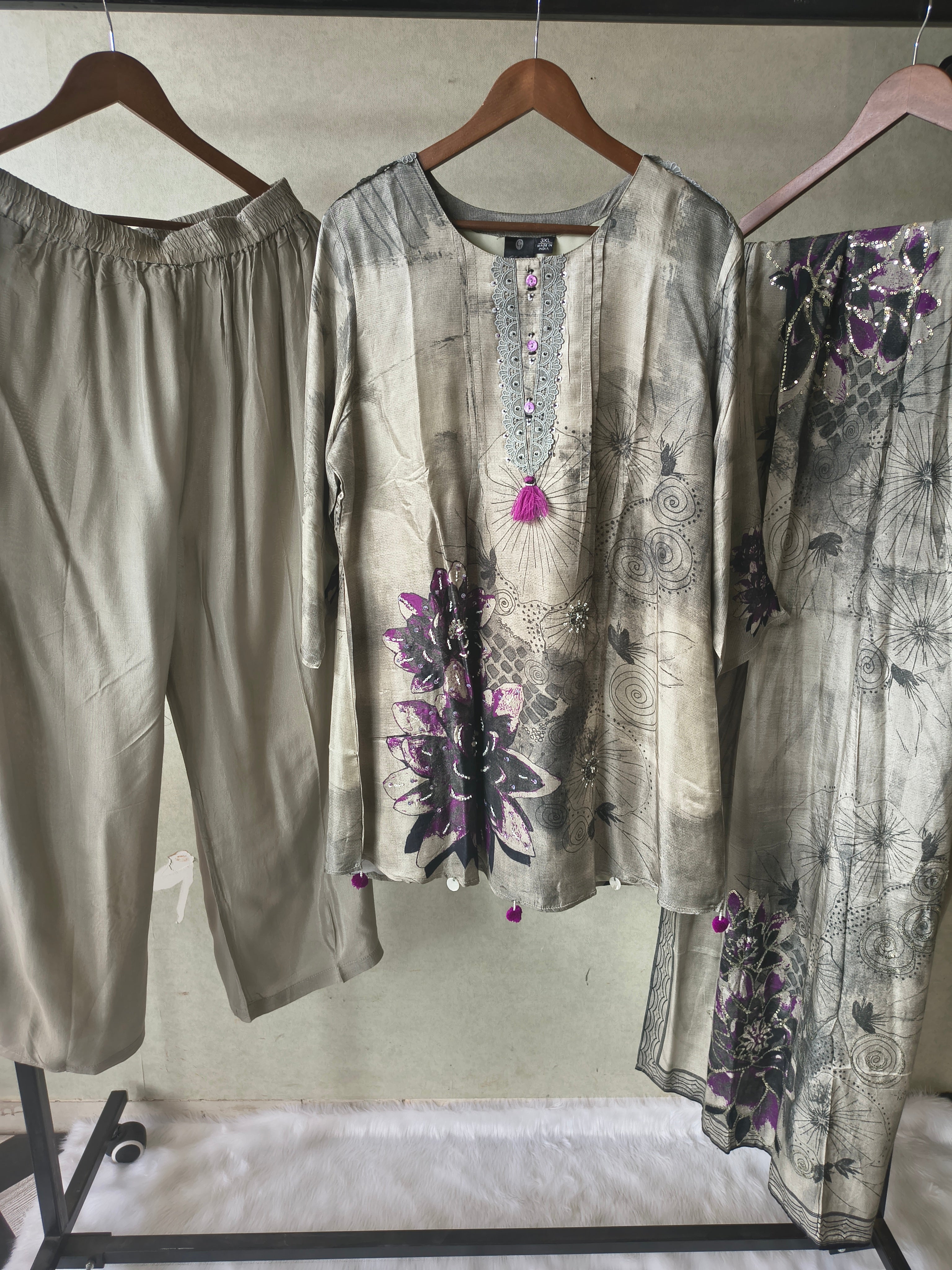 Image of Premium Grey Abstract Floral Printed Kurta Set with Embellished Neckline, Solid Pants & Designer Printed Dupatta