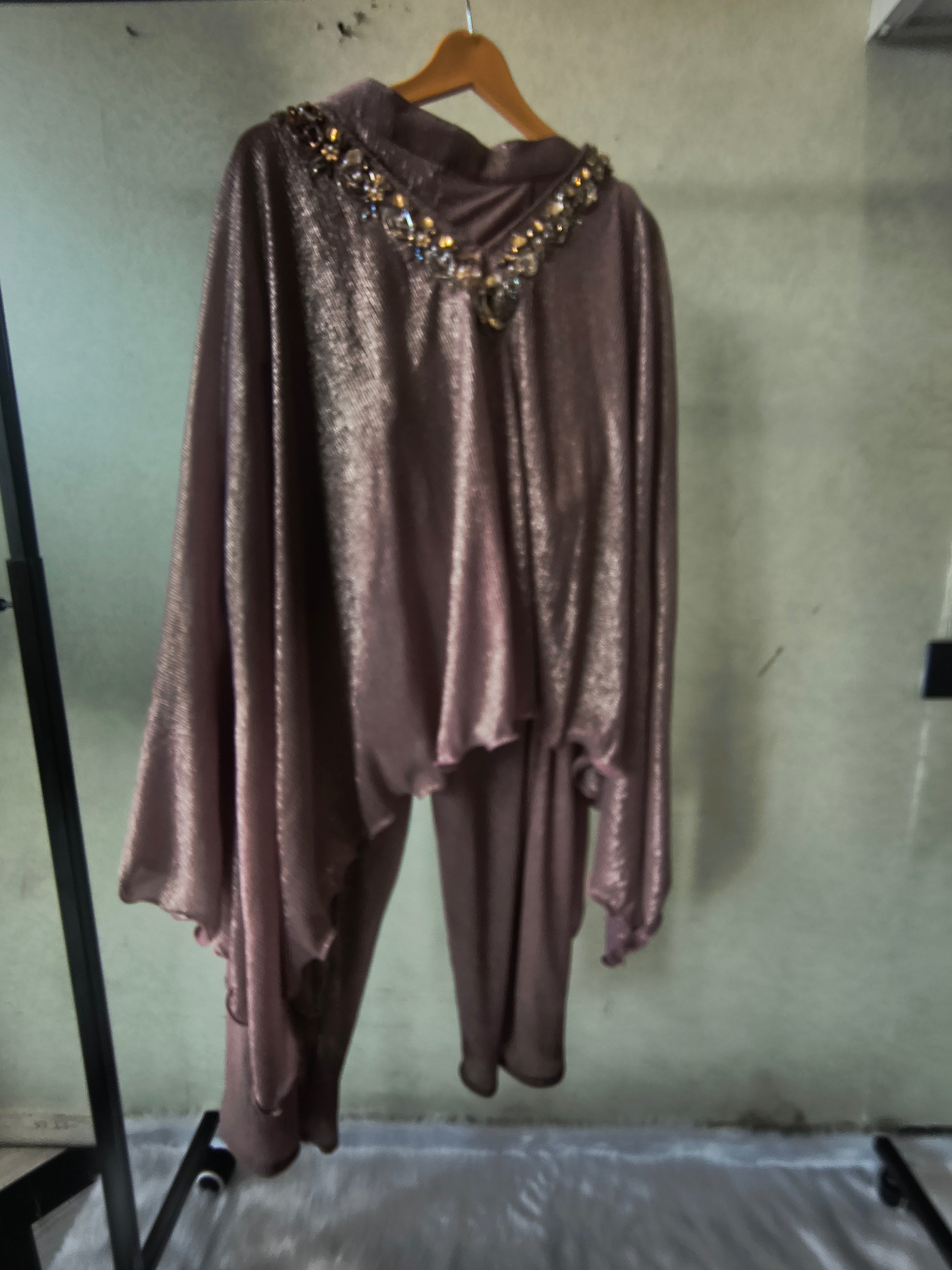 Premium Rose Gold Shimmer Kaftan Co-Ord Set with Hand Embellished Cape & Straight Pants