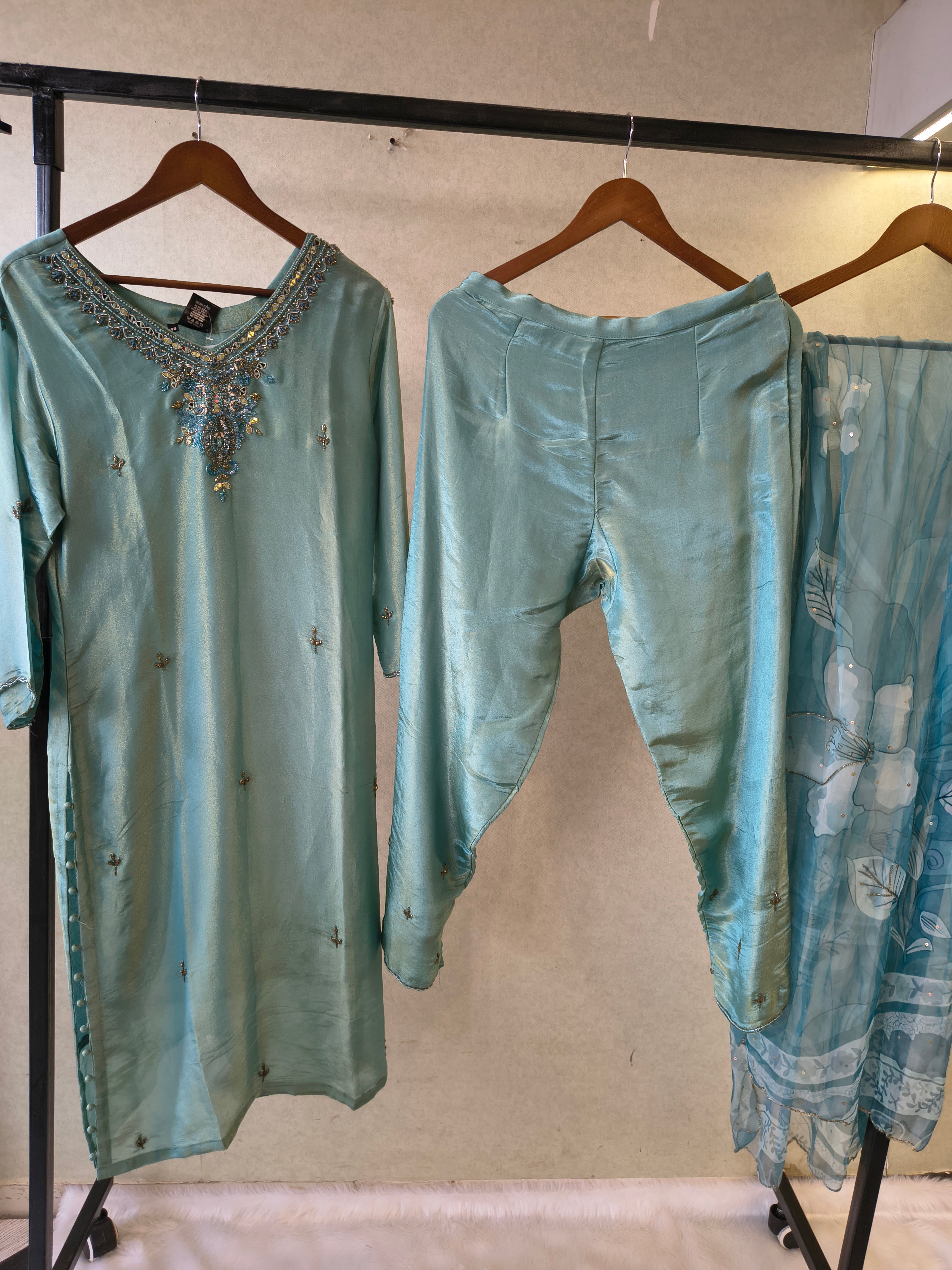 Image of Ice Blue Hand-Embroidered Designer Kurta Set with Floral Organza Dupatta | Premium 3 Piece Ethnic Suit