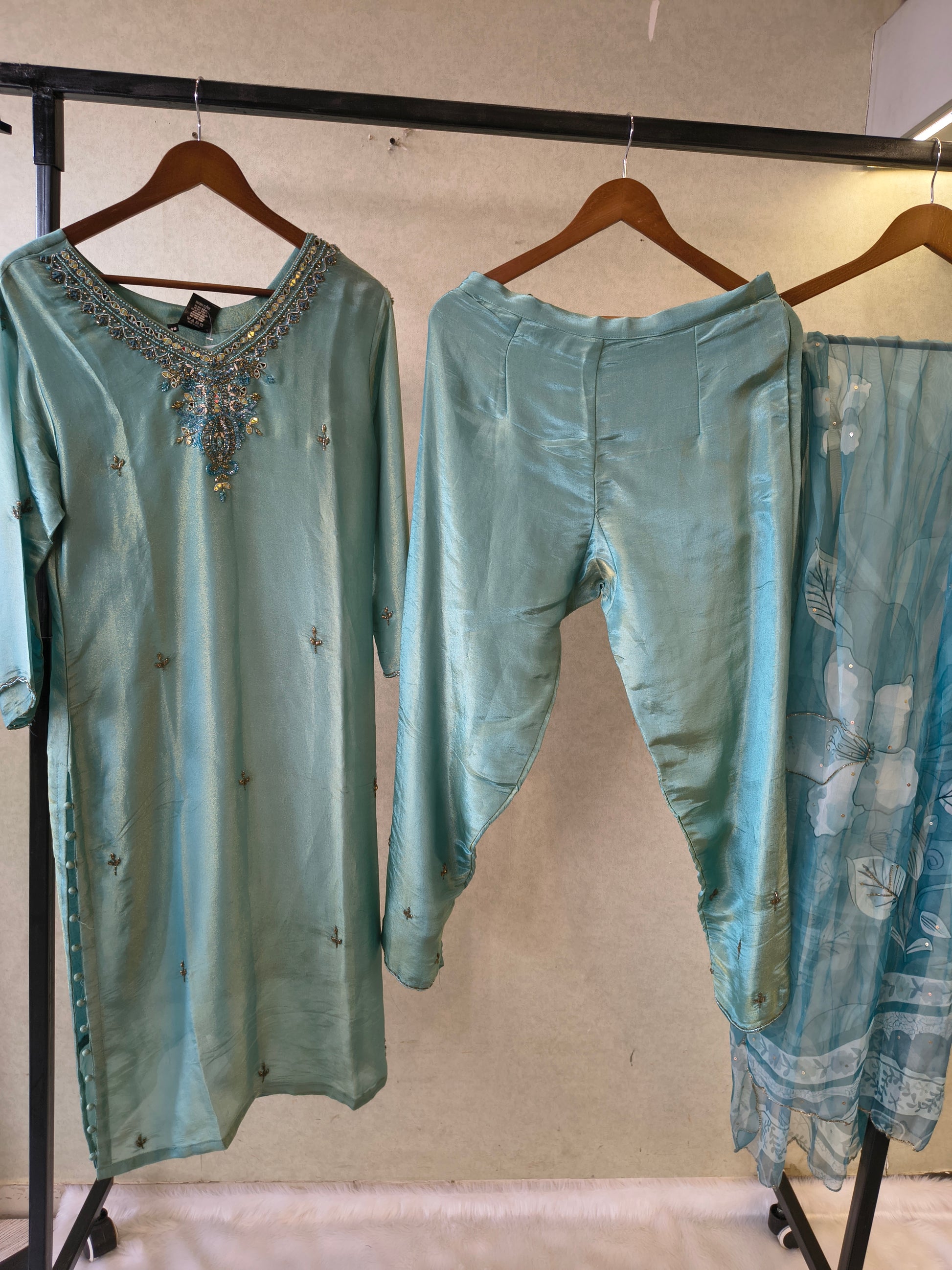 Ice Blue Hand-Embroidered Designer Kurta Set with Floral Organza Dupatta | Premium 3 Piece Ethnic Suit