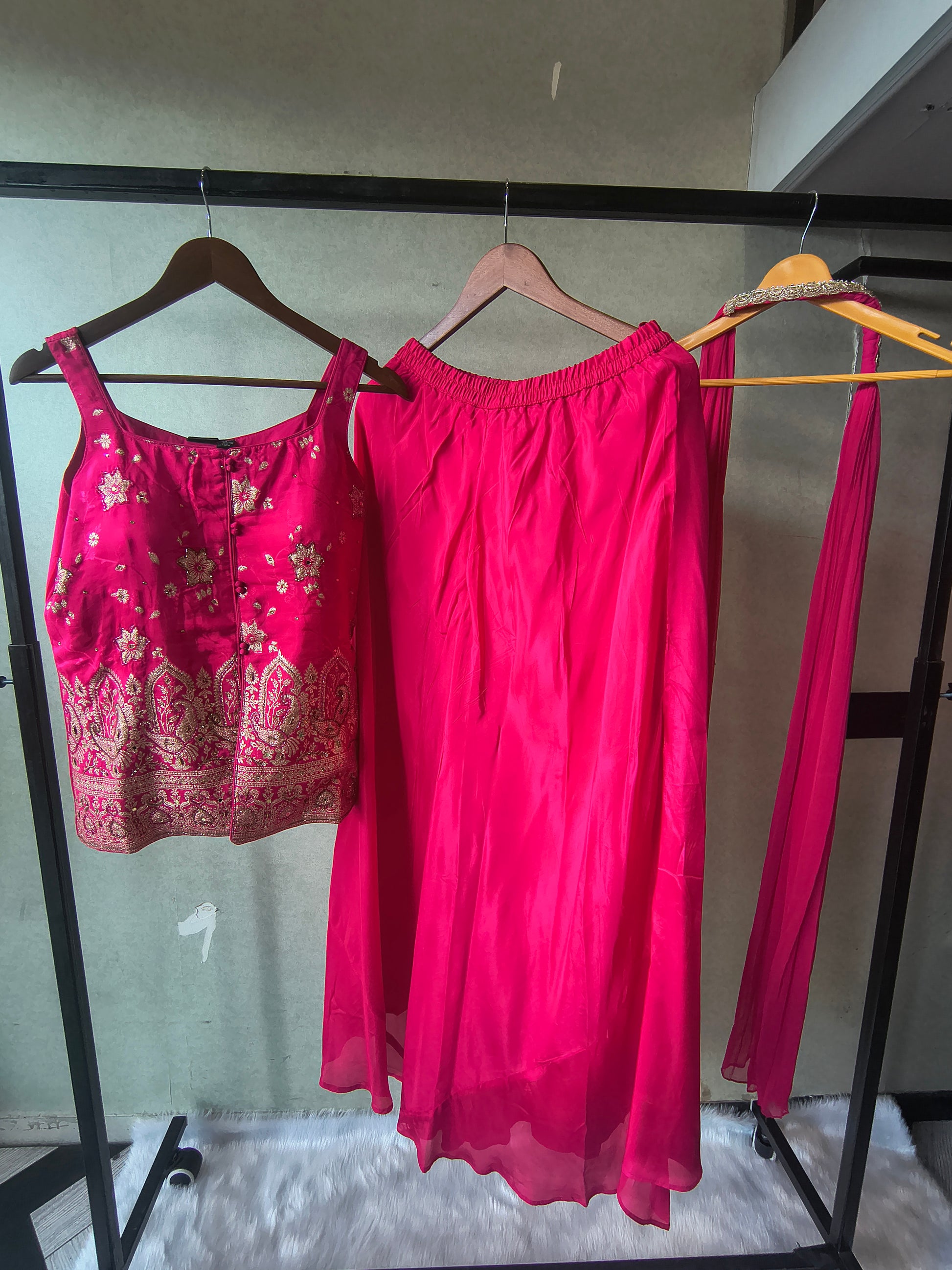 Premium Rani Pink Satin Silk 3-Piece Lehenga Set with Heavy Zari Embroidered Blouse & Dupatta