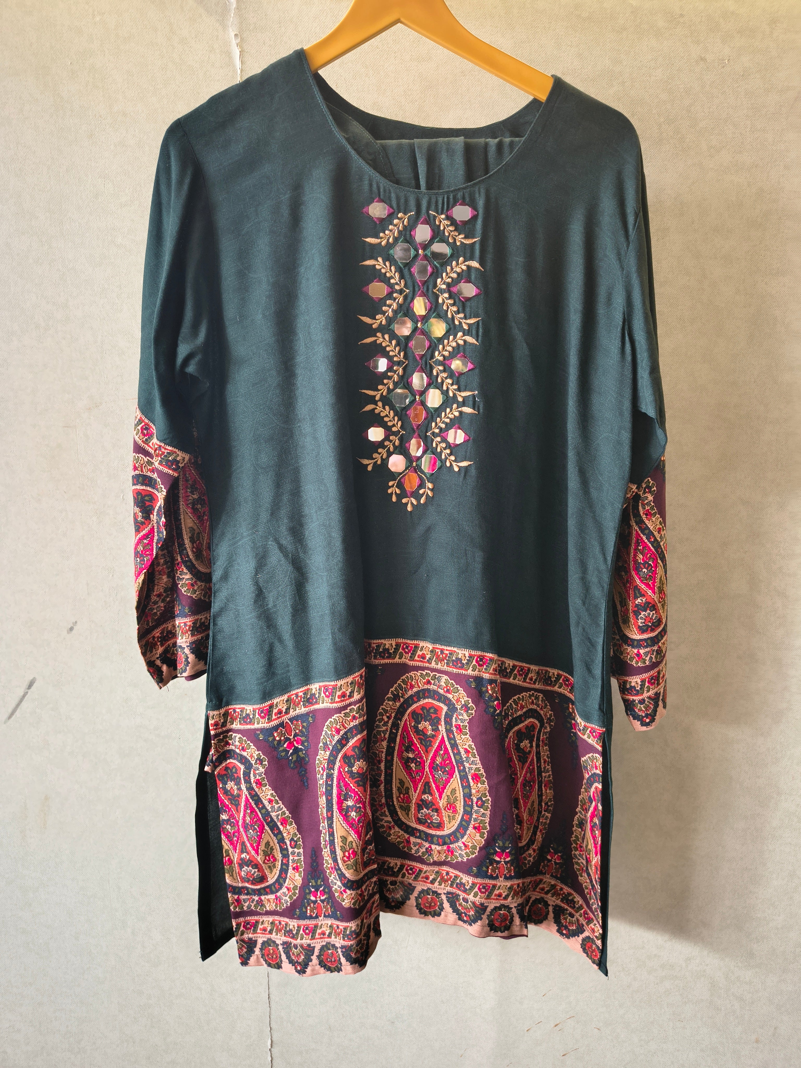 Image of Premium Teal Mirror Work Printed Kurta Pant Co-Ord Set