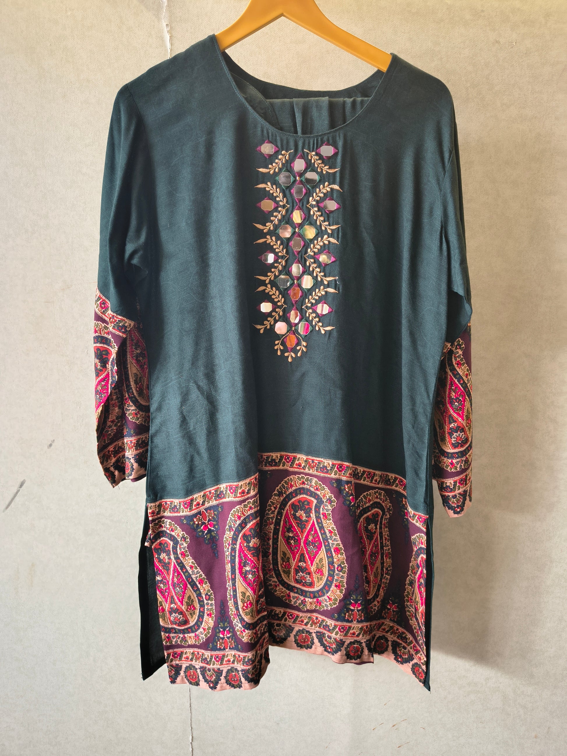 Premium Teal Mirror Work Printed Kurta Pant Co-Ord Set