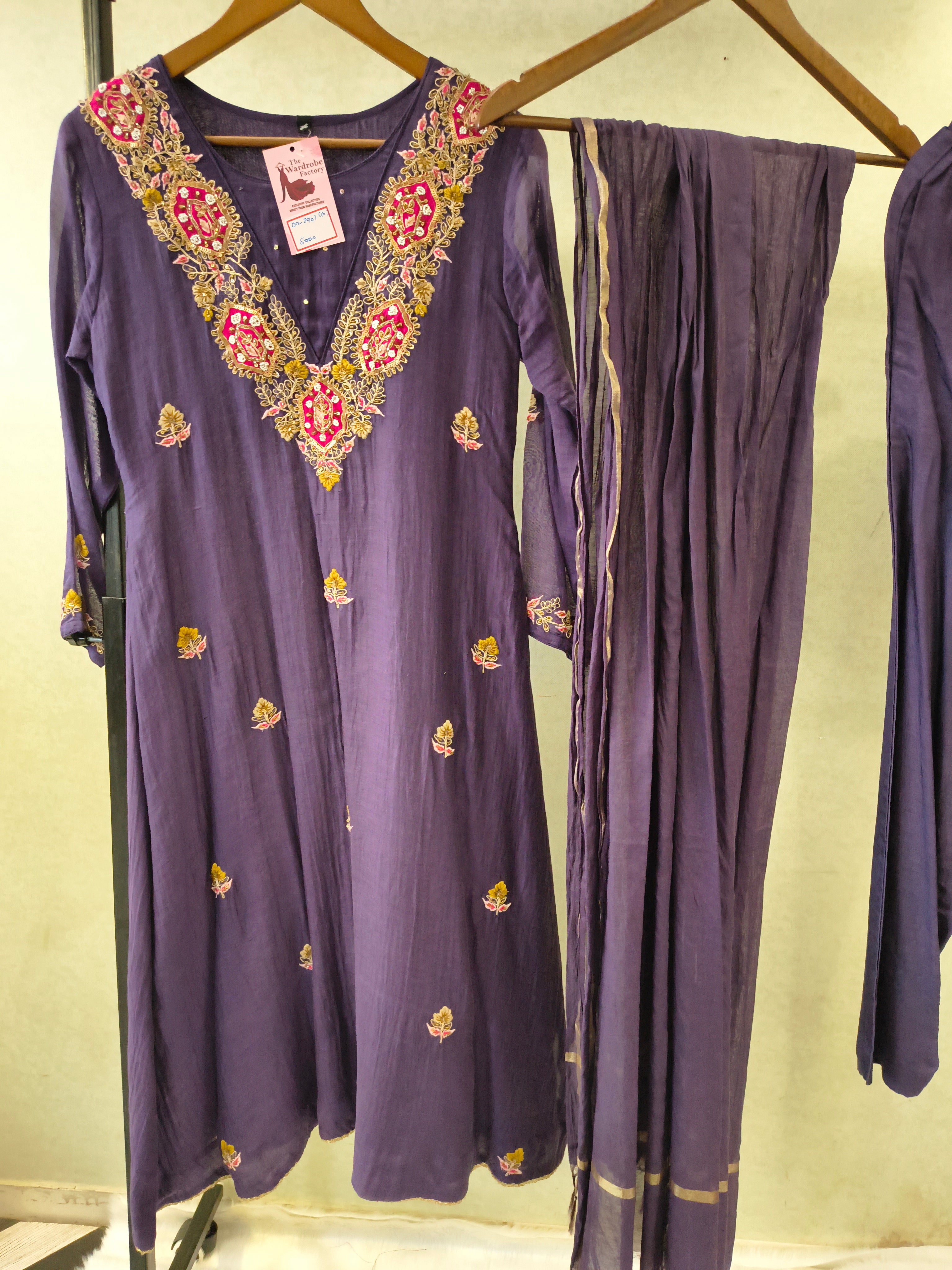 Image of Midnight Navy Hand-Embroidered Straight Kurta Set with Statement Neckline, Churidar Pants & Tassel Dupatta | Premium 3 Piece Festive Ensemble