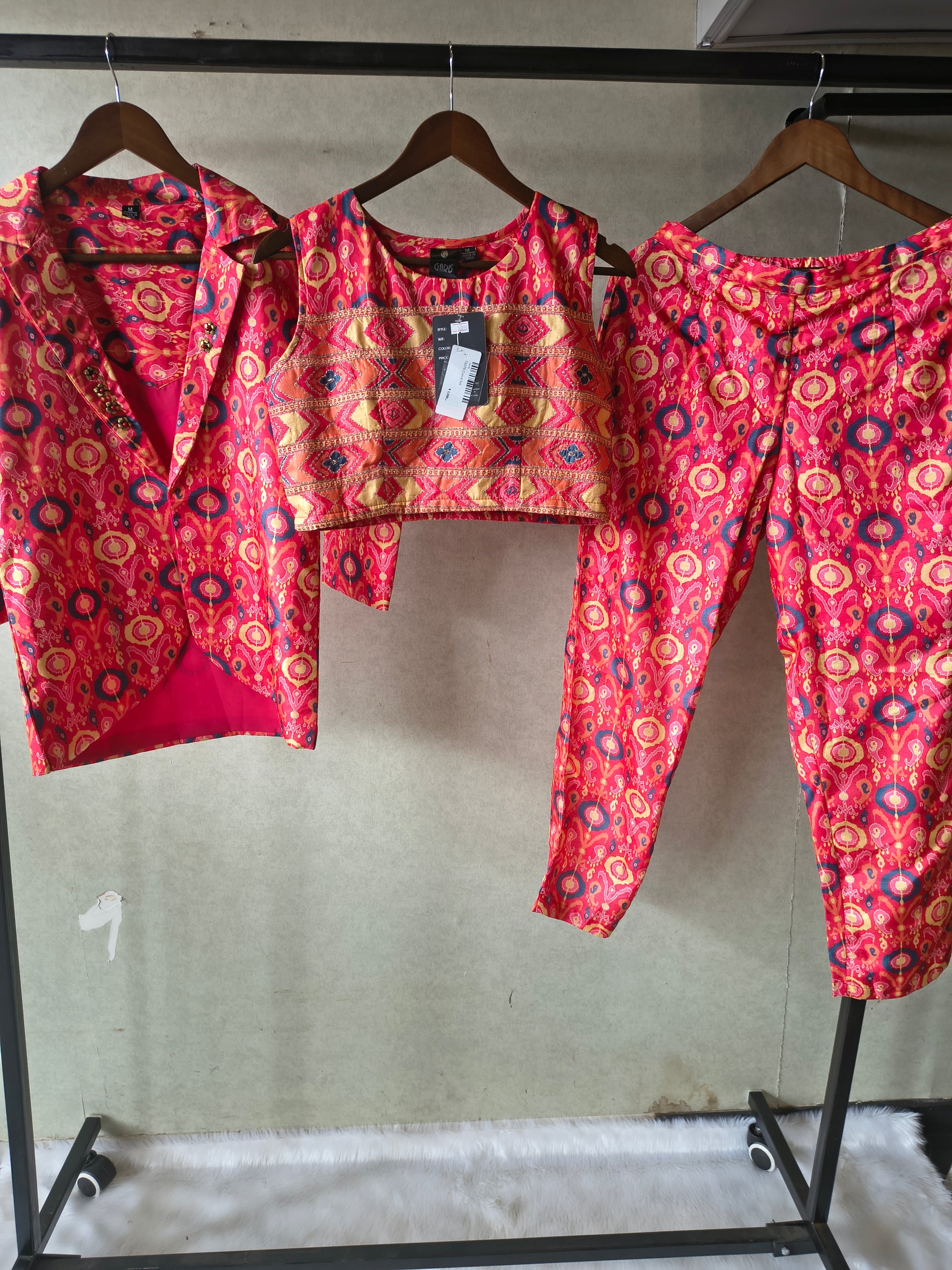 Premium Indo-Western Printed Co-ord Set with Embroidered Crop Top, Printed Shirt & Straight Pants