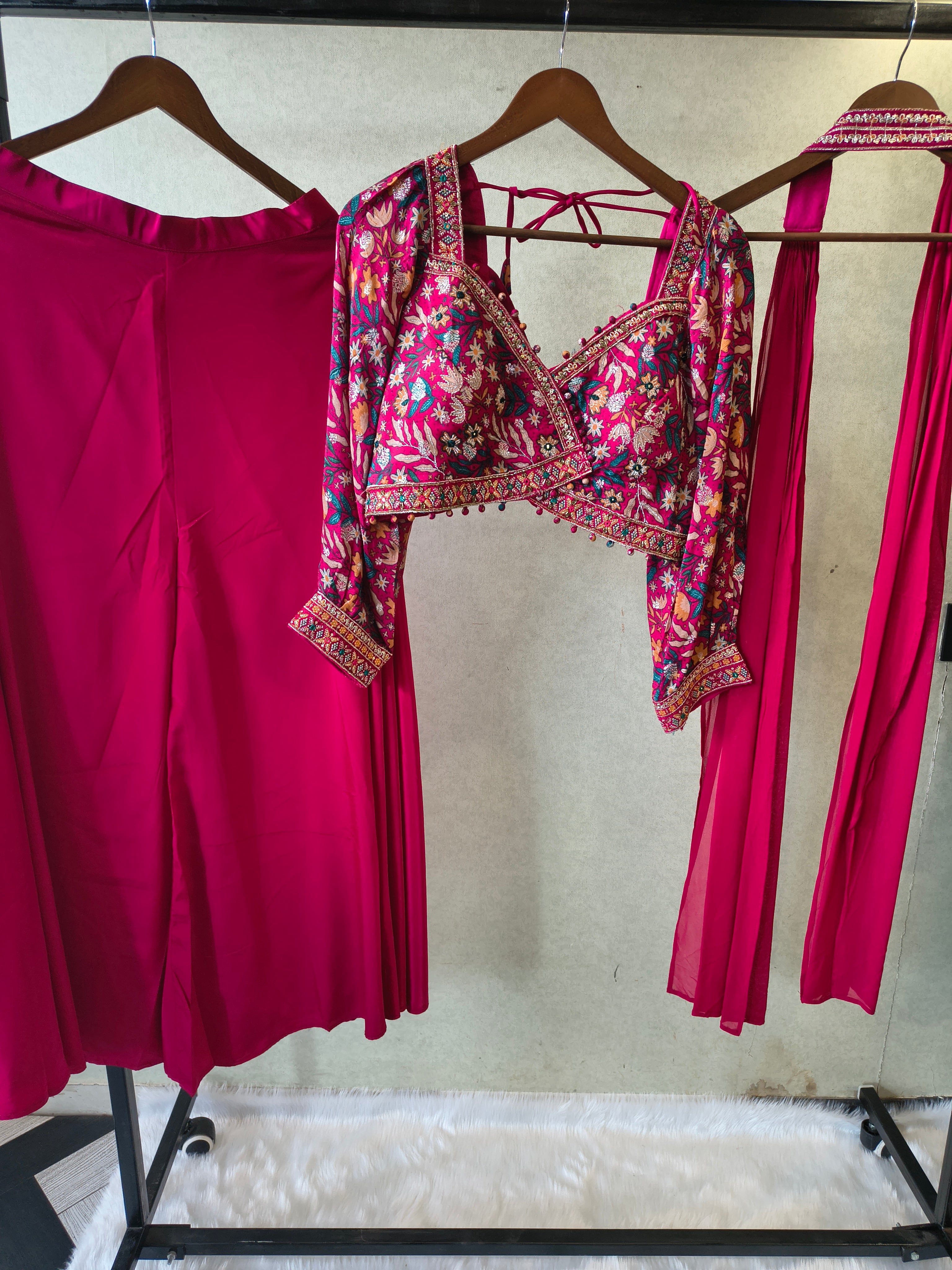 Image of Luxury Rani Pink Floral Printed Blouse with Flared Palazzo & Embellished Choker Dupatta – 3 Piece Designer Indo-Western Set
