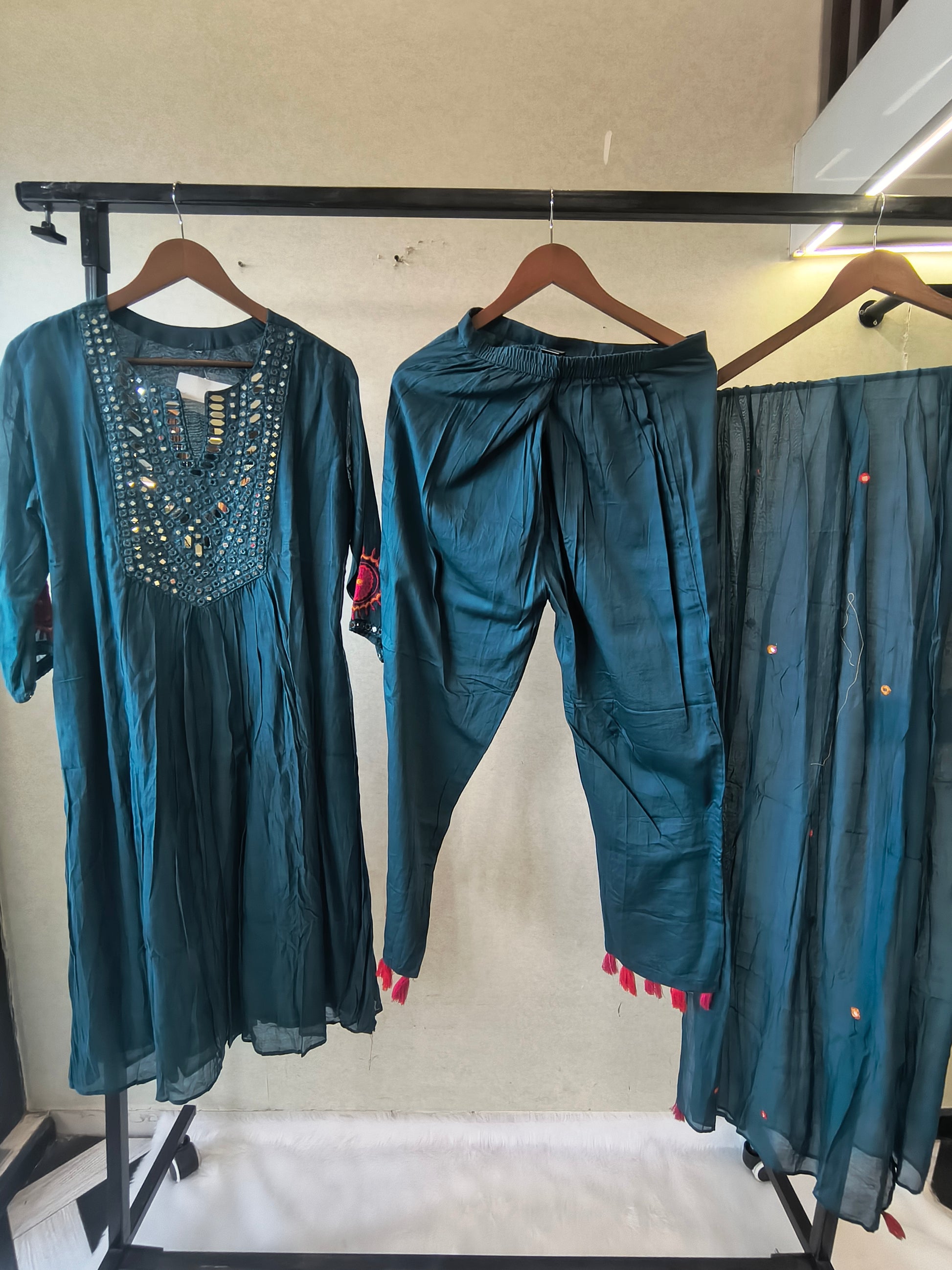 Teal Blue Mirror Work Embroidered Kurta Set with Dupatta | Premium 3 Piece Ethnic Suit