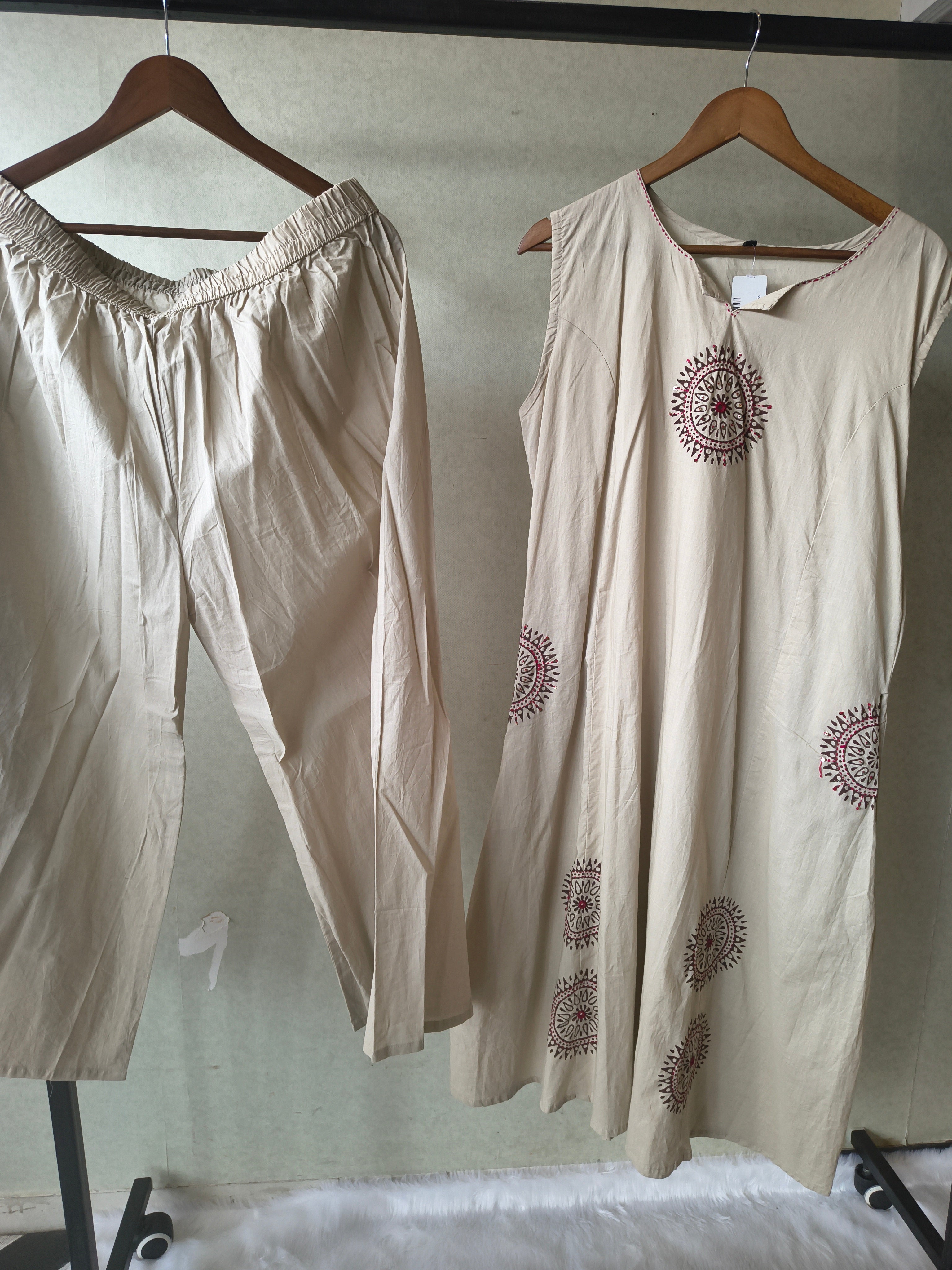 Image of Premium Beige Hand Block Motif A-Line Kurta Set with Straight Pants