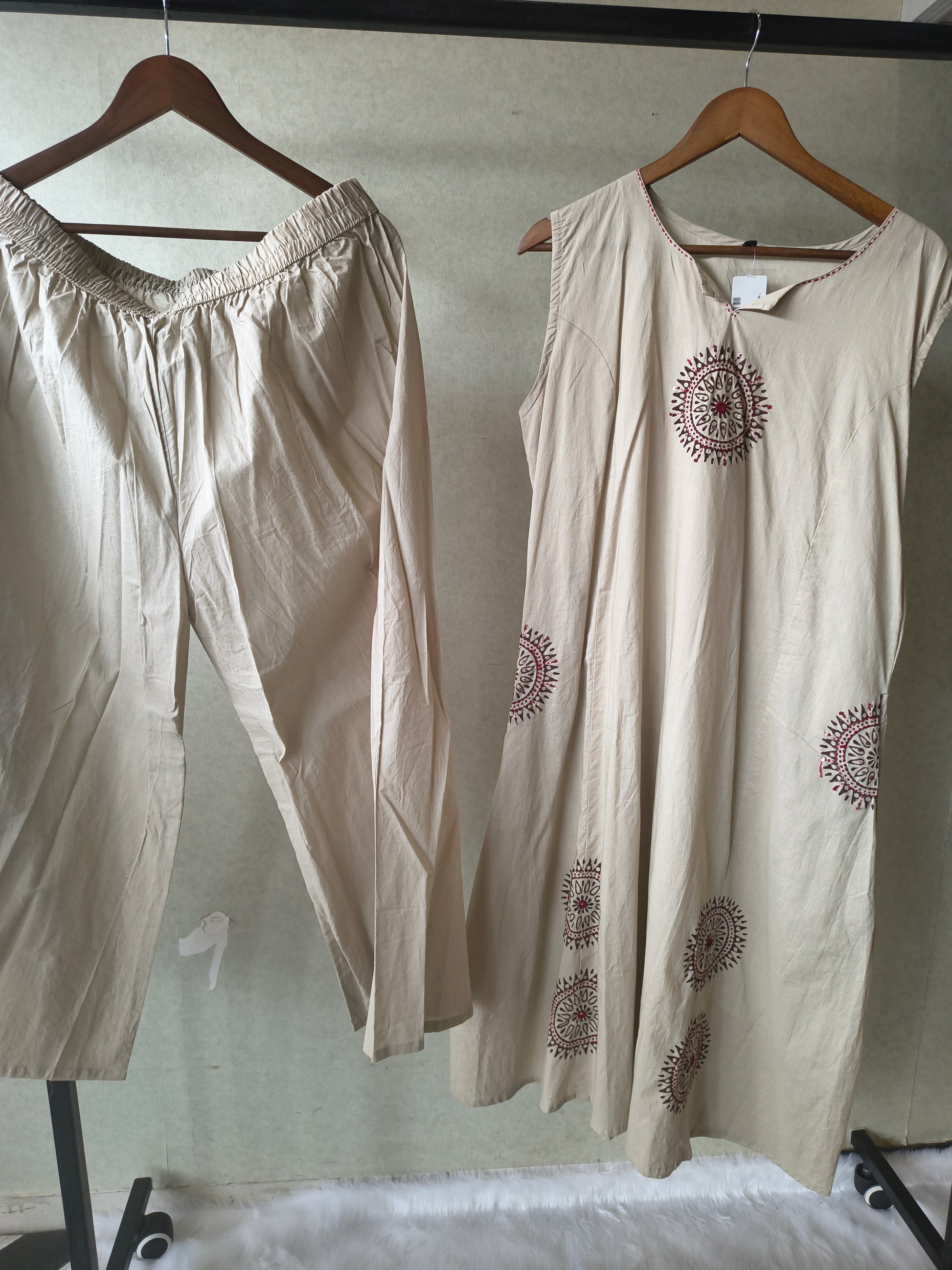Premium Beige Hand Block Motif A-Line Kurta Set with Straight Pants