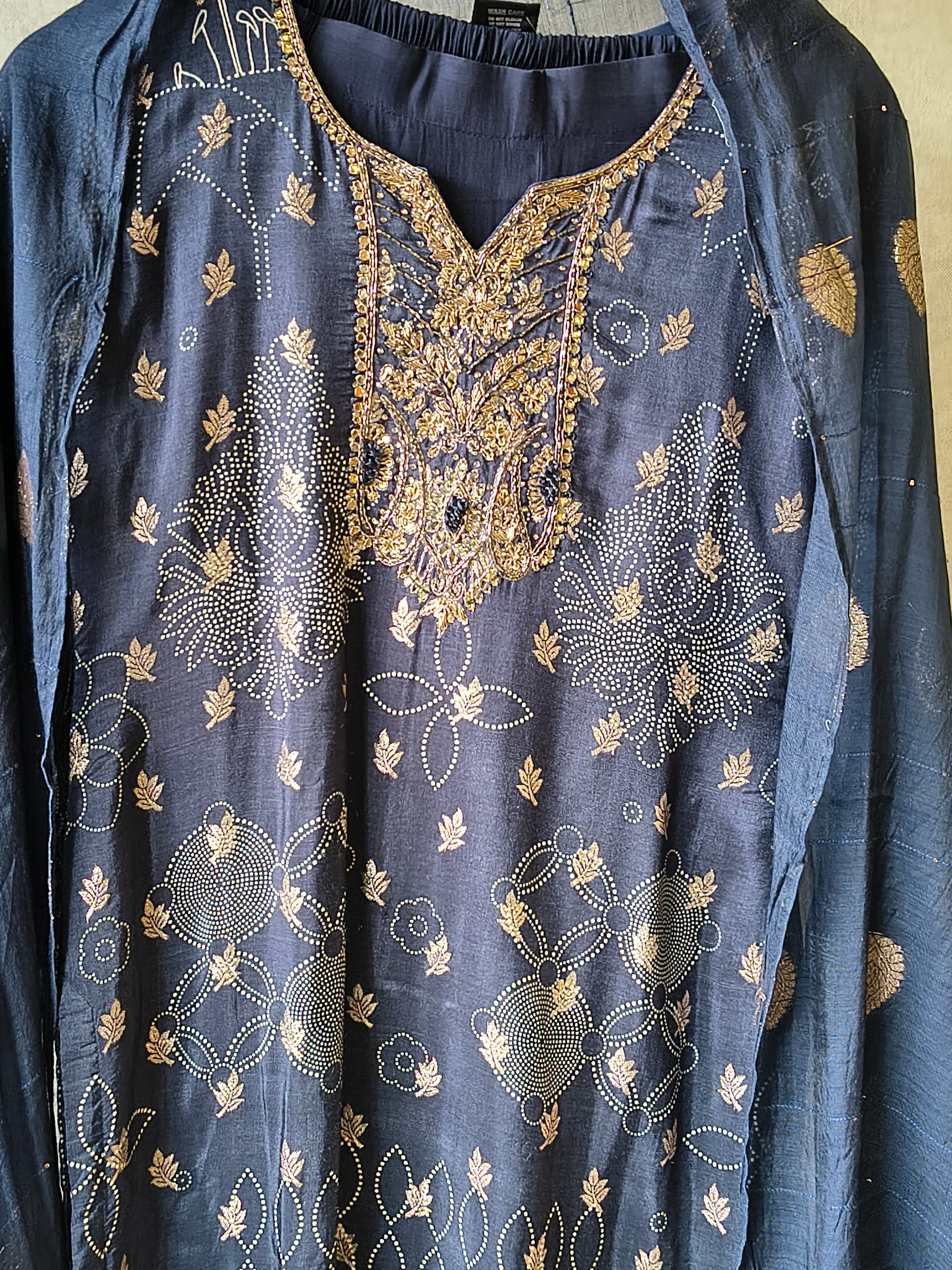 Premium Midnight Blue Zari Printed Kurta Set with Banarasi Dupatta