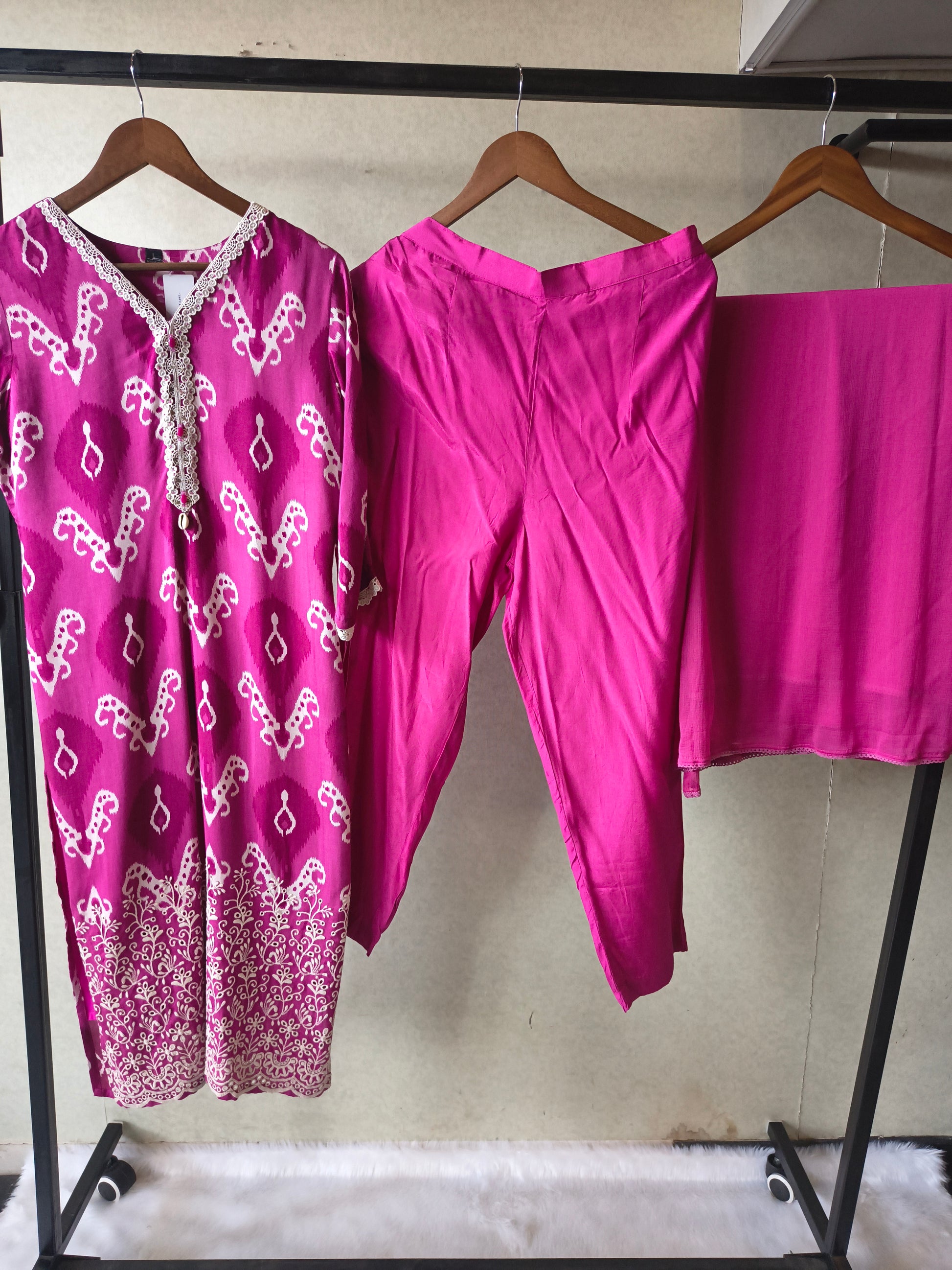 Premium Magenta Ikat Printed Cotton Kurta Set with Solid Pants & Dupatta