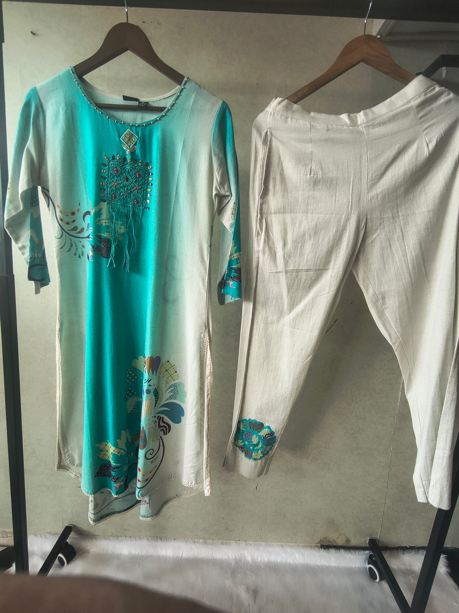 Premium Aqua Ombre Linen Blend Kurta Set with Handcrafted Embroidered Tassel Patch & Embroidered Pants