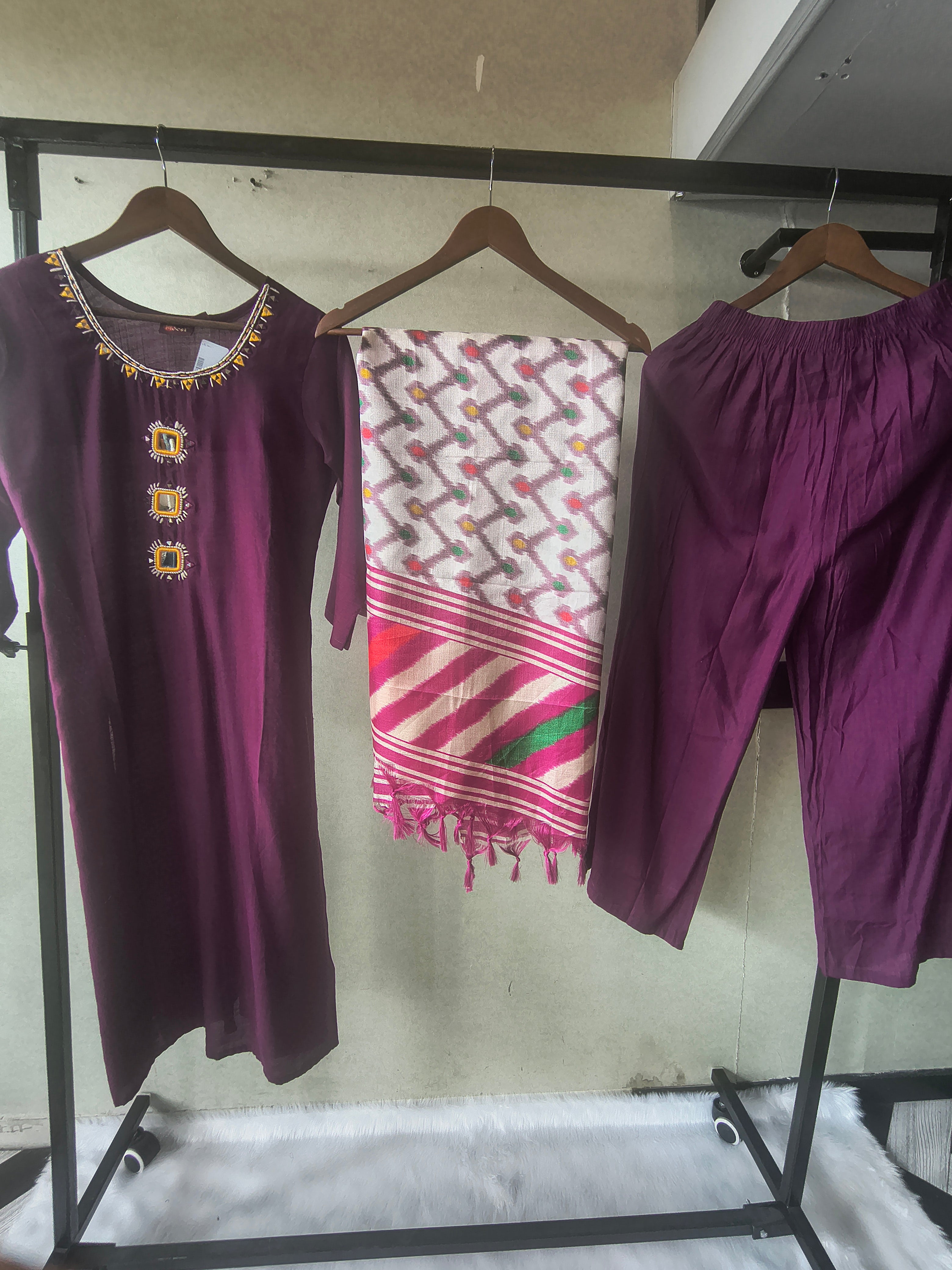 Image of Premium Royal Purple Straight Kurta Set with Mirror Work Neckline, Solid Pants & Ikat Printed Dupatta