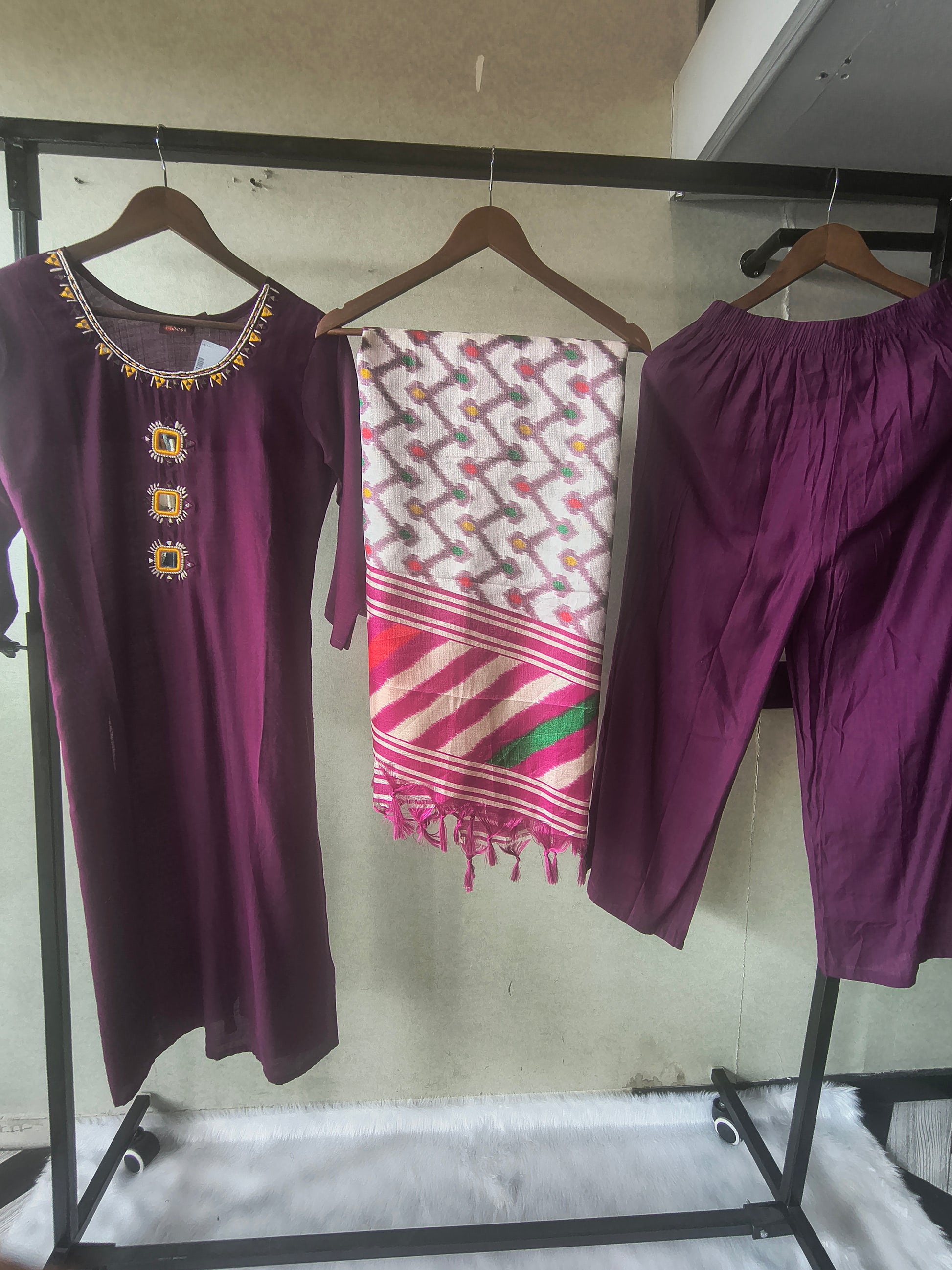 Premium Royal Purple Straight Kurta Set with Mirror Work Neckline, Solid Pants & Ikat Printed Dupatta